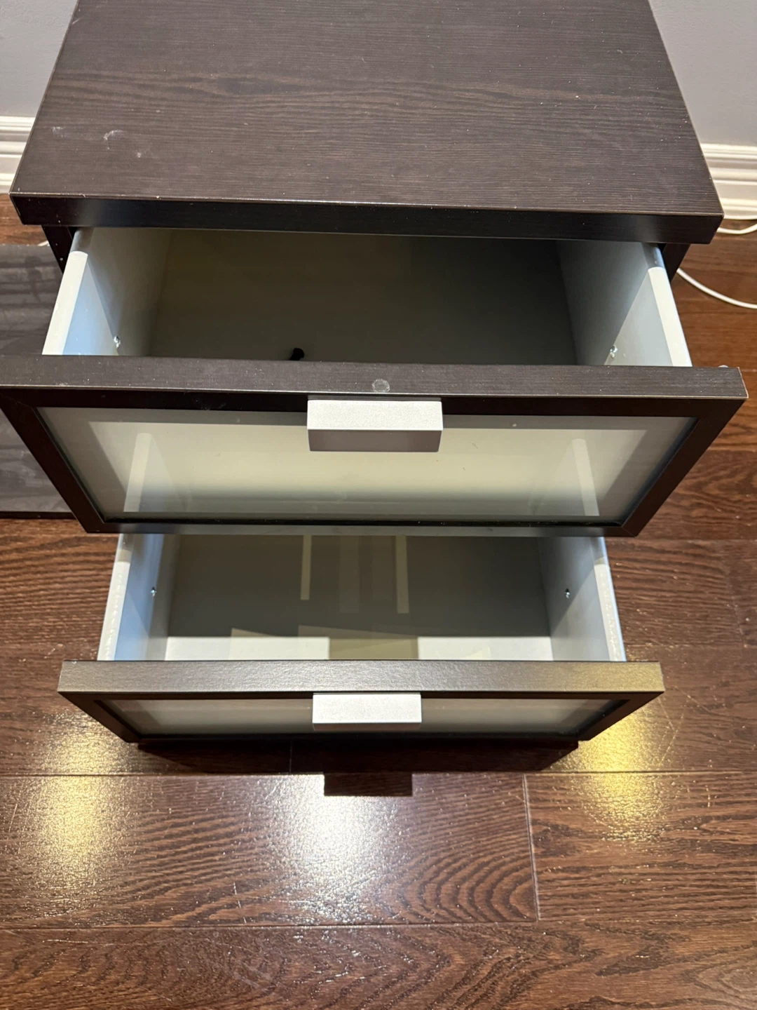 2 Dark Brown Bedside Storage Cabinets Frosted Glass Drawers - photo 5