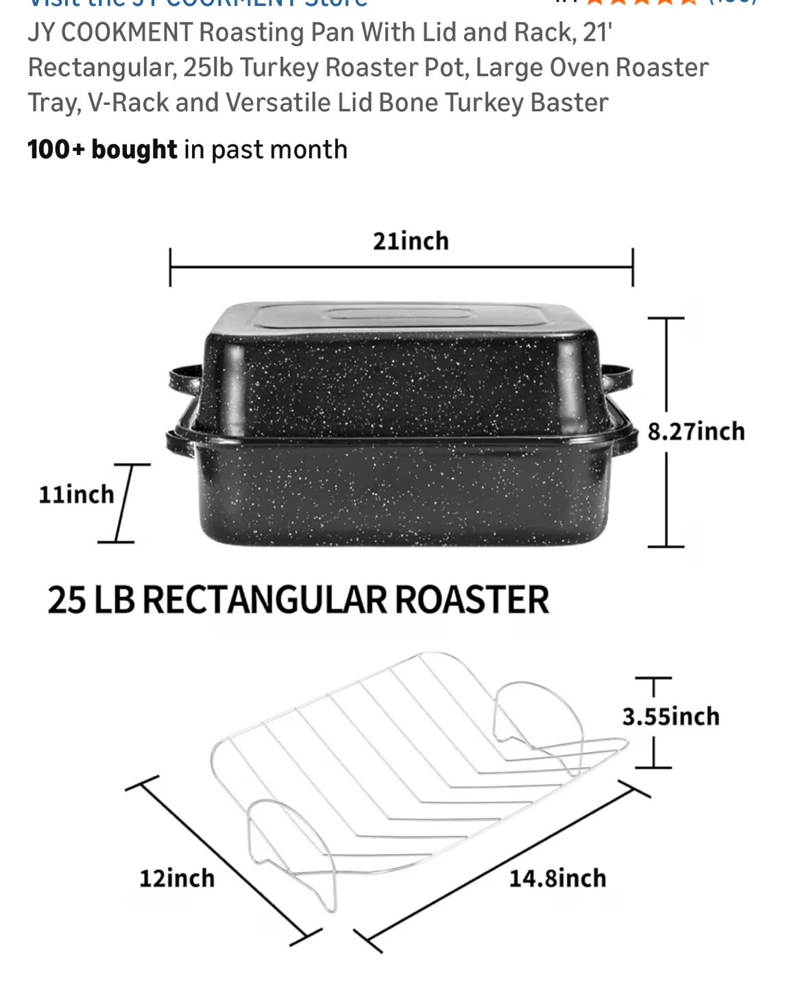 JY Cookment 21" Roasting Pan with Lid, Rack, 25lb Turkey Roaster