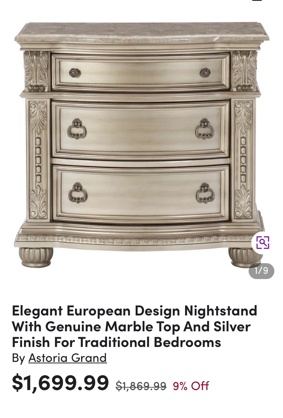 Astoria Grand Nightstand - Silver Finish