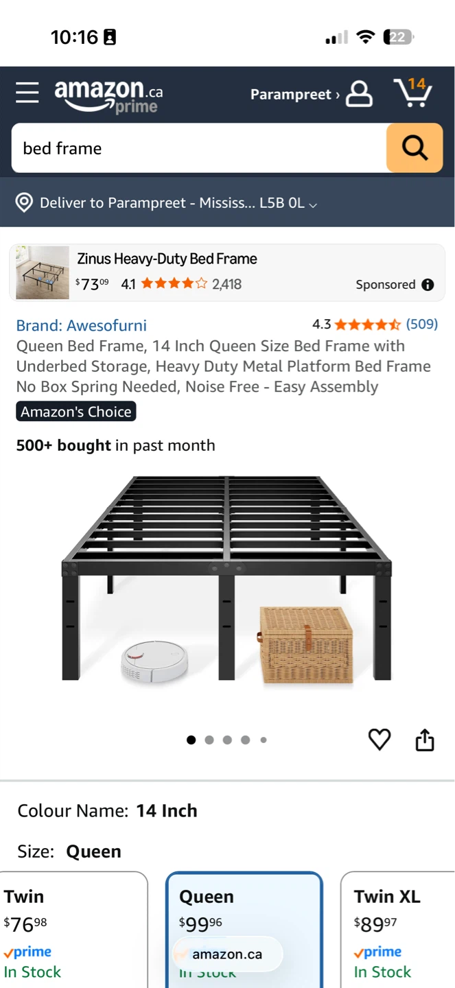 Awesofurni Queen Size 14 Inch Bed Frame