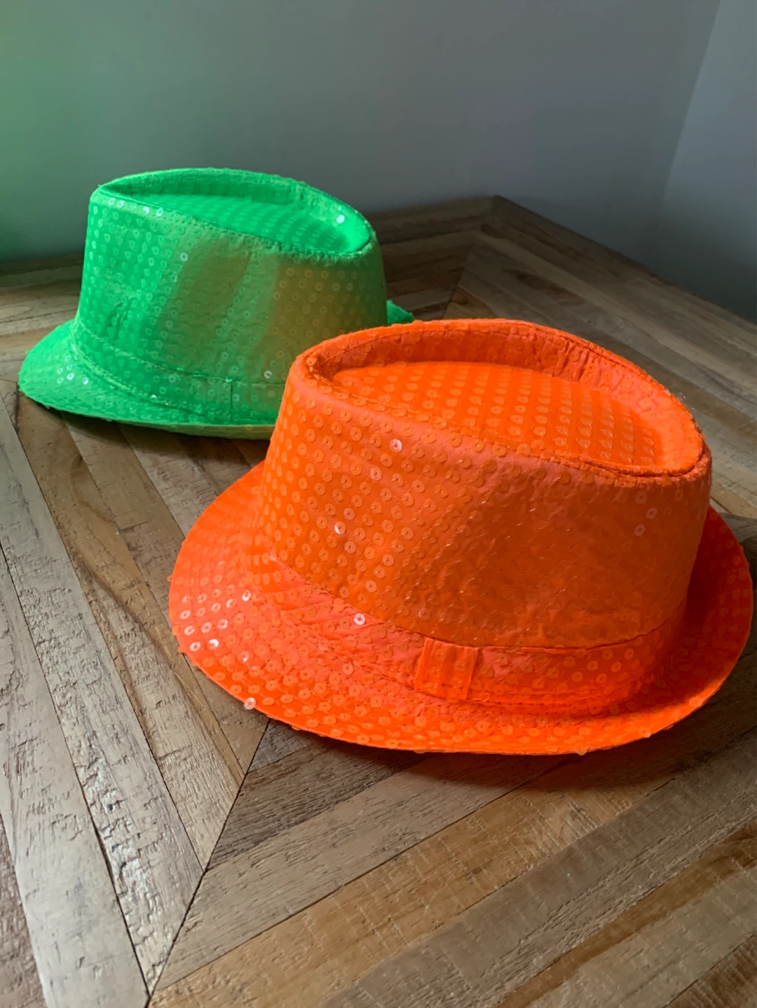 Two Sequin Fedora Hats - Green & Orange, Size 58