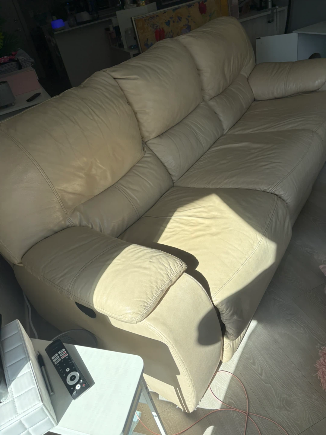 Beige Leather Electric Reclining Sofa
