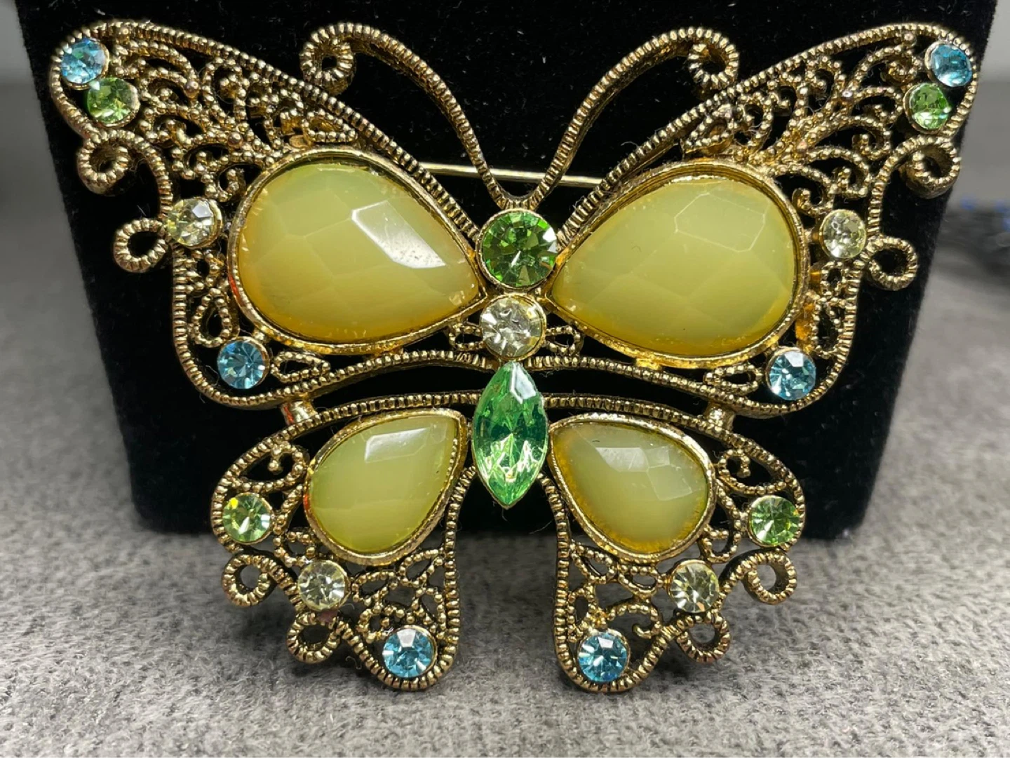 Gold Tone Butterfly Brooch with Green and Blue Gems - photo 3