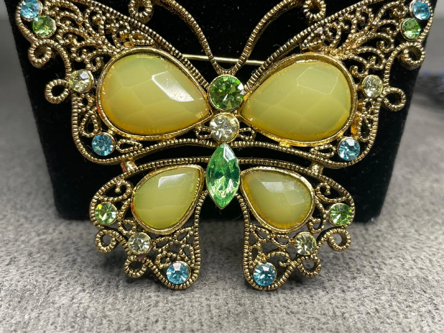 Gold Tone Butterfly Brooch with Green and Blue Gems - photo 2