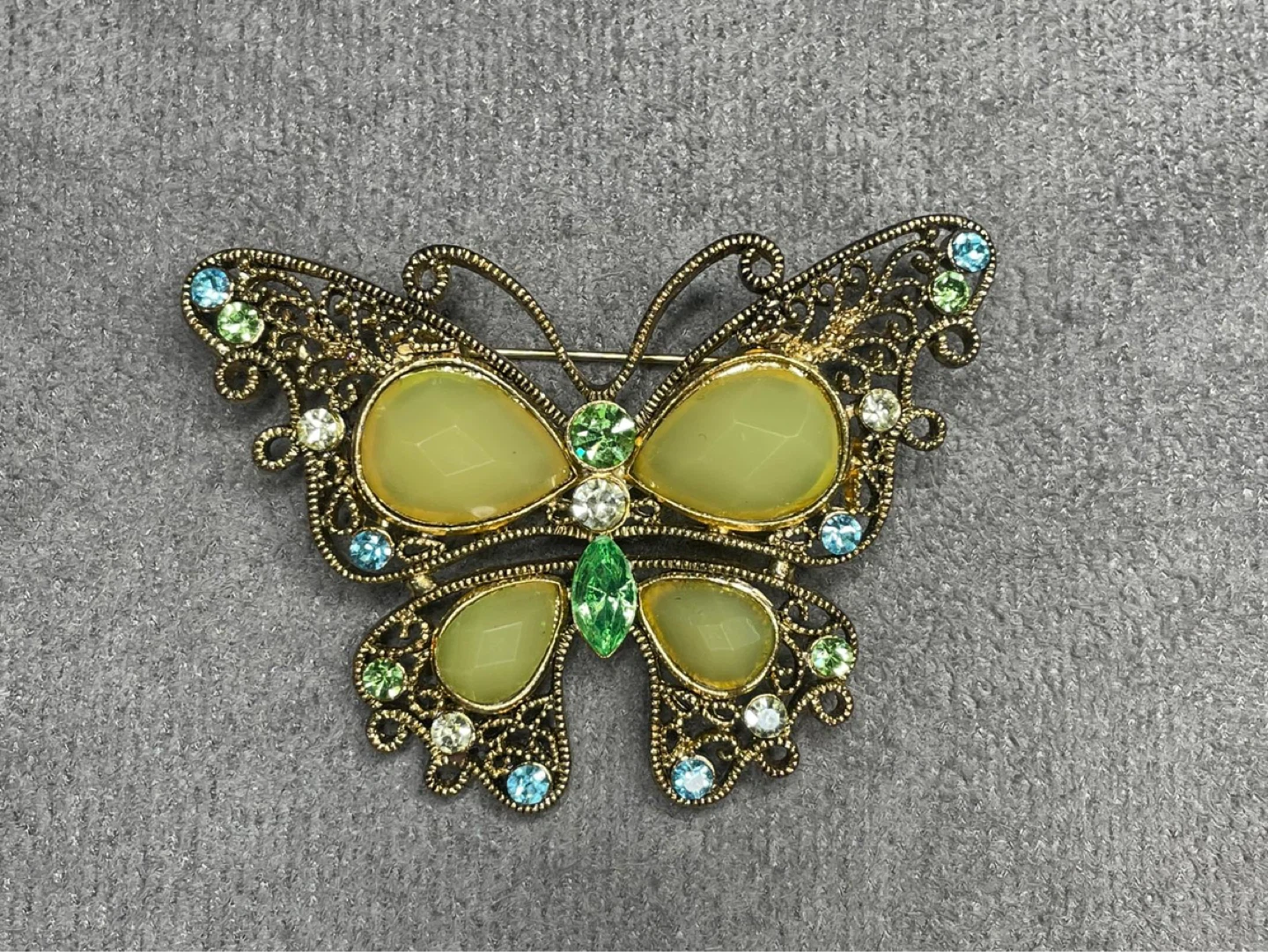Gold Tone Butterfly Brooch with Green and Blue Gems - photo 4