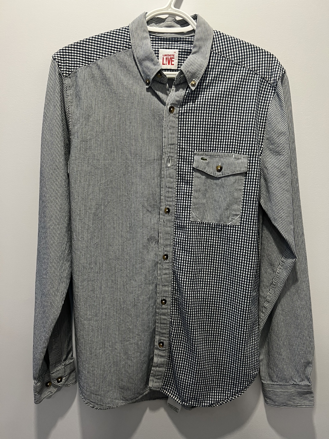 Lacoste Live Patchwork Gingham & Stripe Button-Up Shirt Size 39