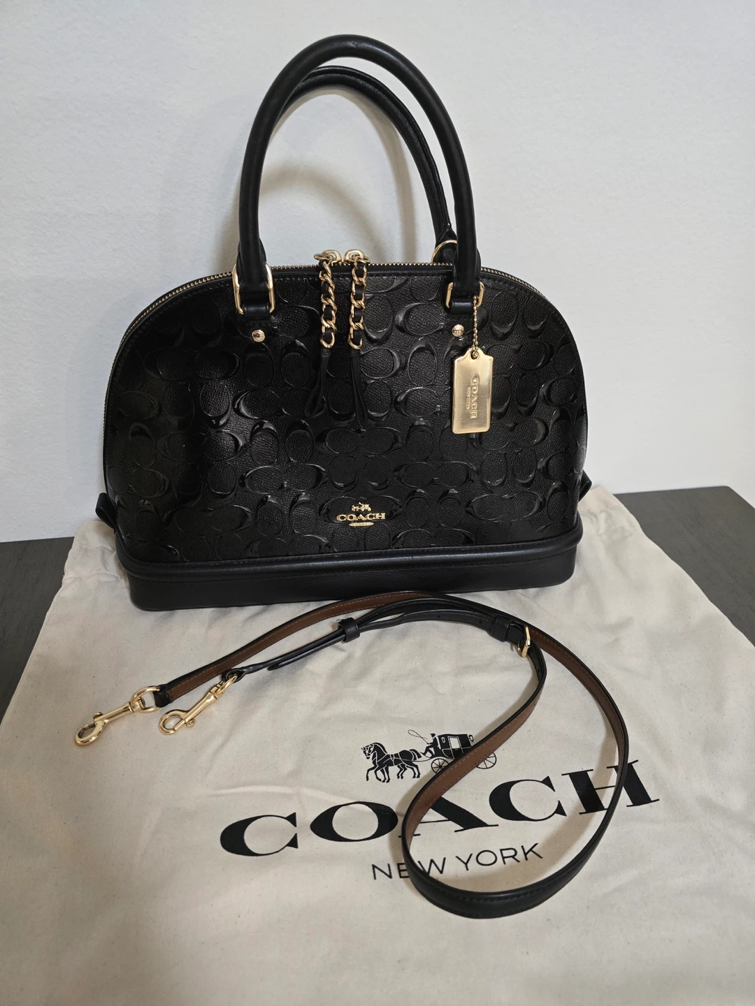 COACH Black Leather Embossed Dome Satchel Handbag