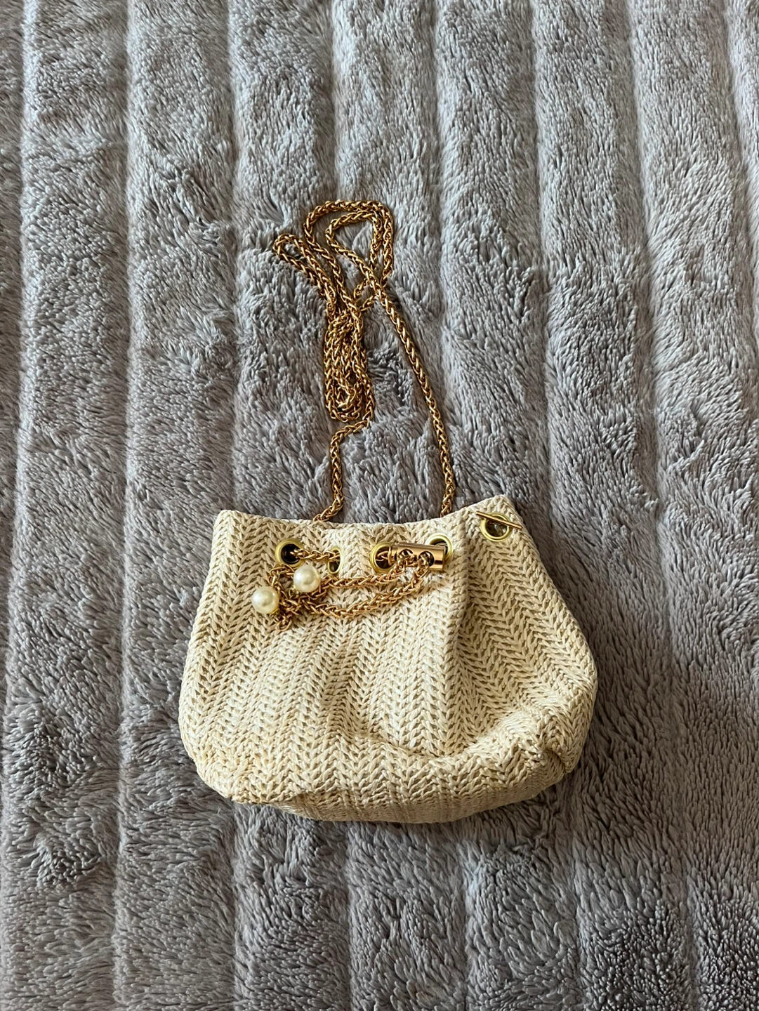 Straw Bucket Bag with Pearl Accents