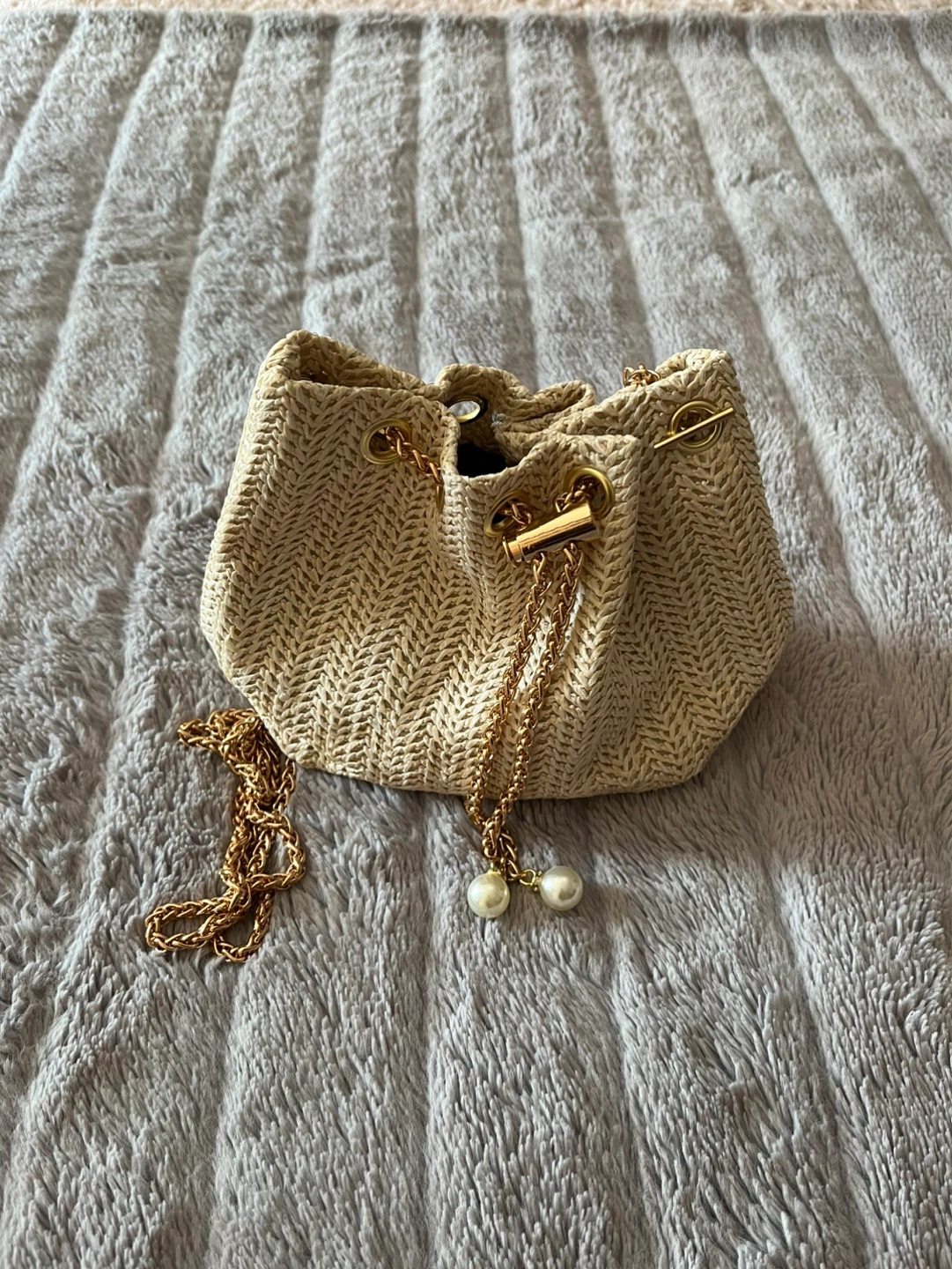 Straw Bucket Bag with Pearl Accents - photo 2