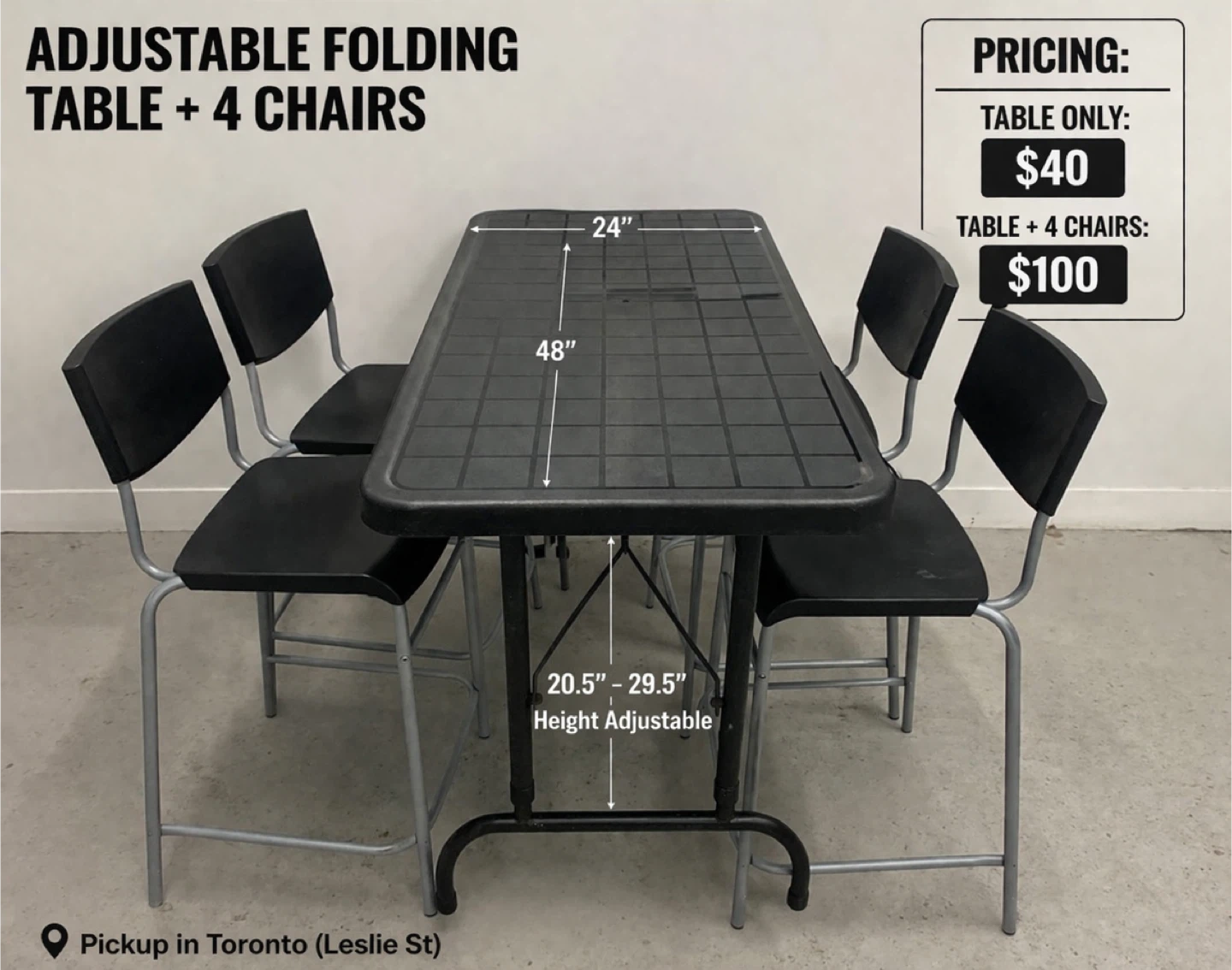 Adjustable Folding Table - 48" x 24" - Black - photo 2