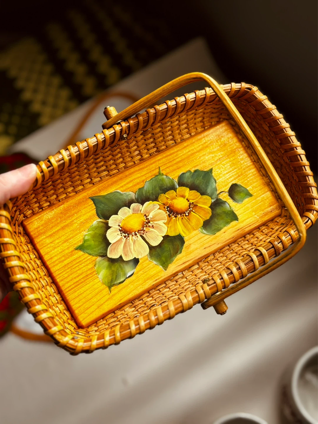Vintage Hand-Painted Wicker Basket with Floral Design