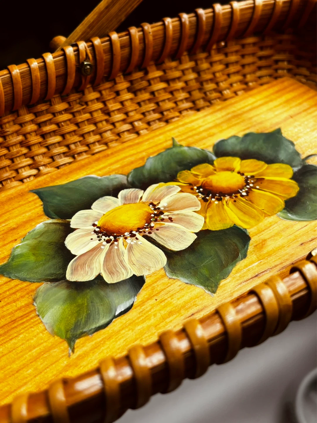 Vintage Hand-Painted Wicker Basket with Floral Design - photo 2