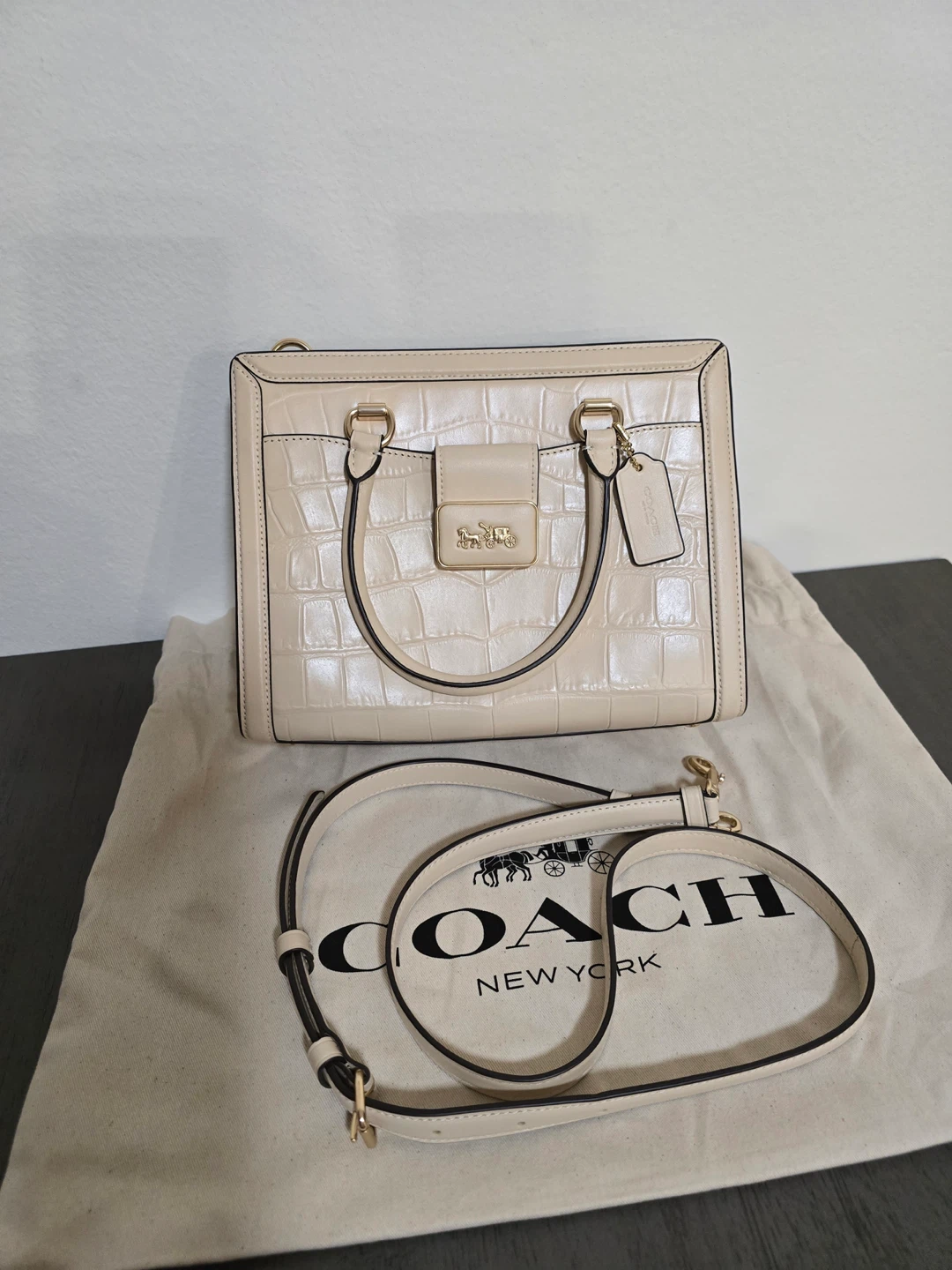 Coach Cream Crocodile Embossed Top Bag w/ Shoulder Strap