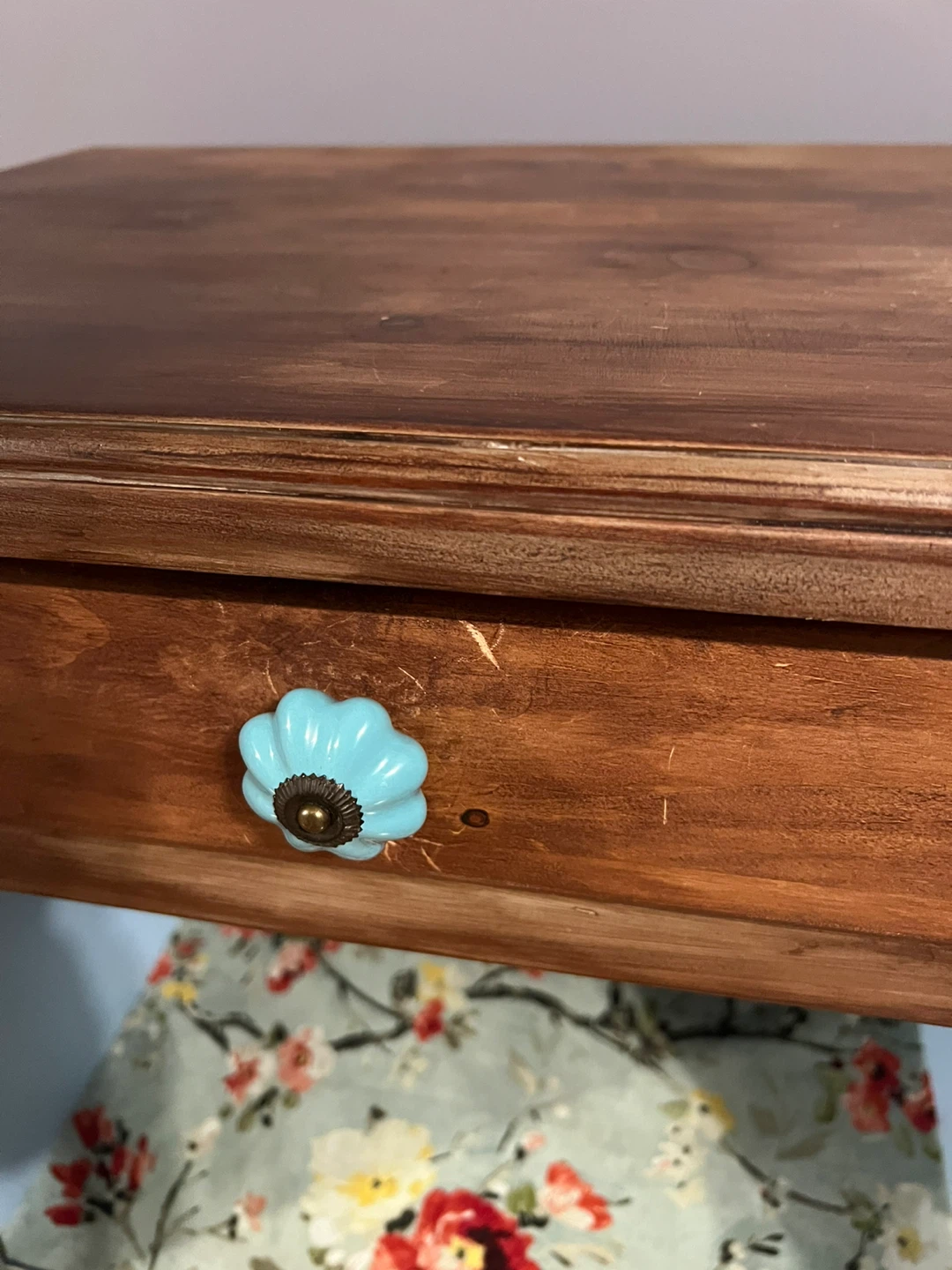 Wooden End Table with Blue Floral Accent - photo 5