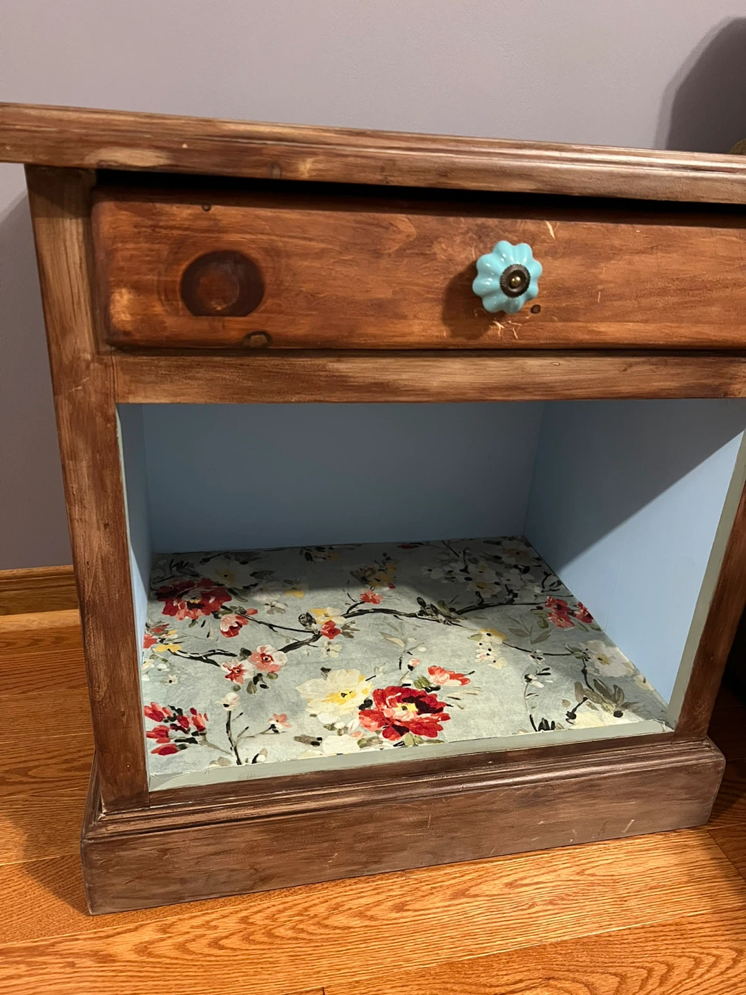 Wooden End Table with Blue Floral Accent - photo 3