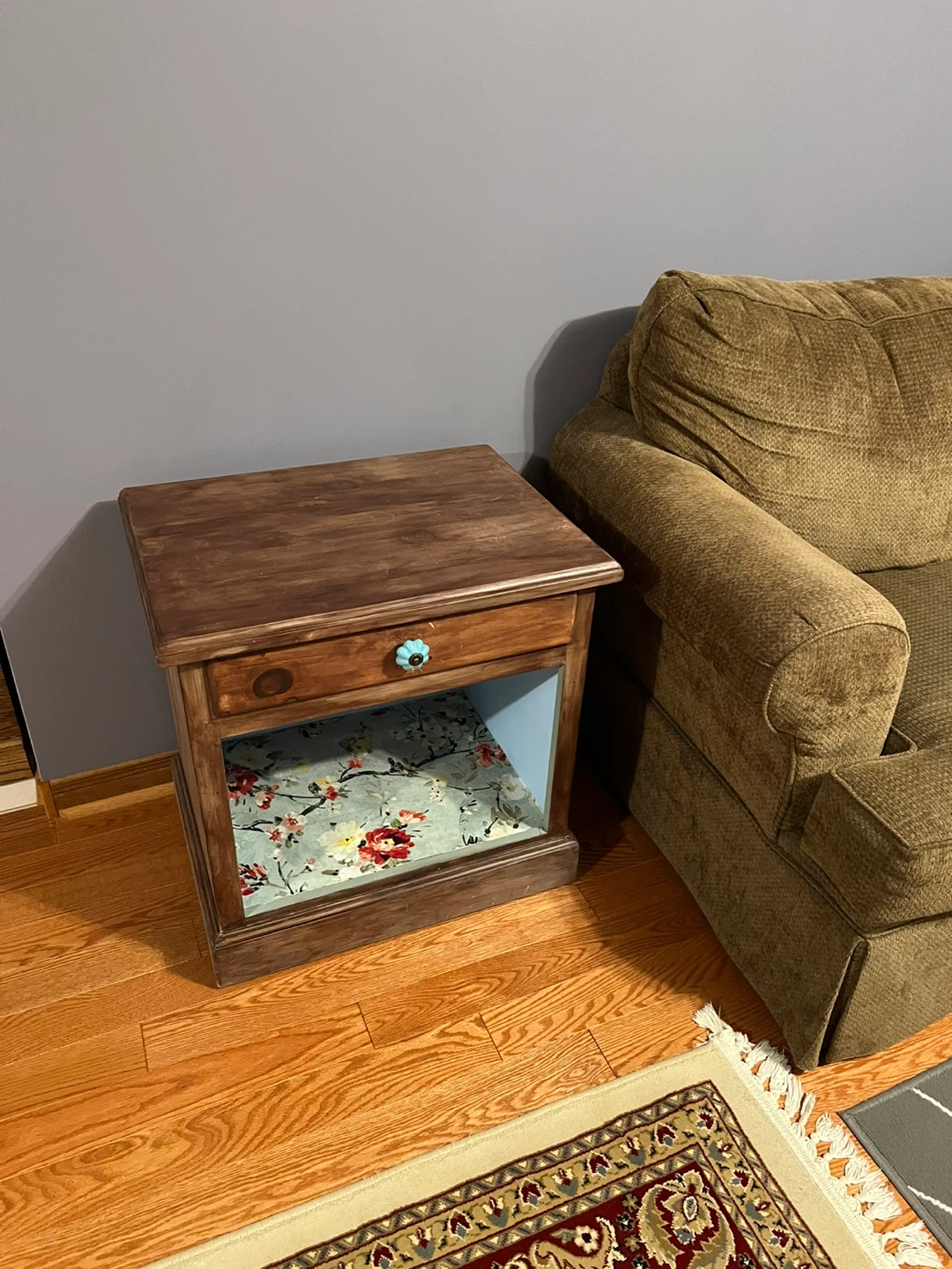 Wooden End Table with Blue Floral Accent