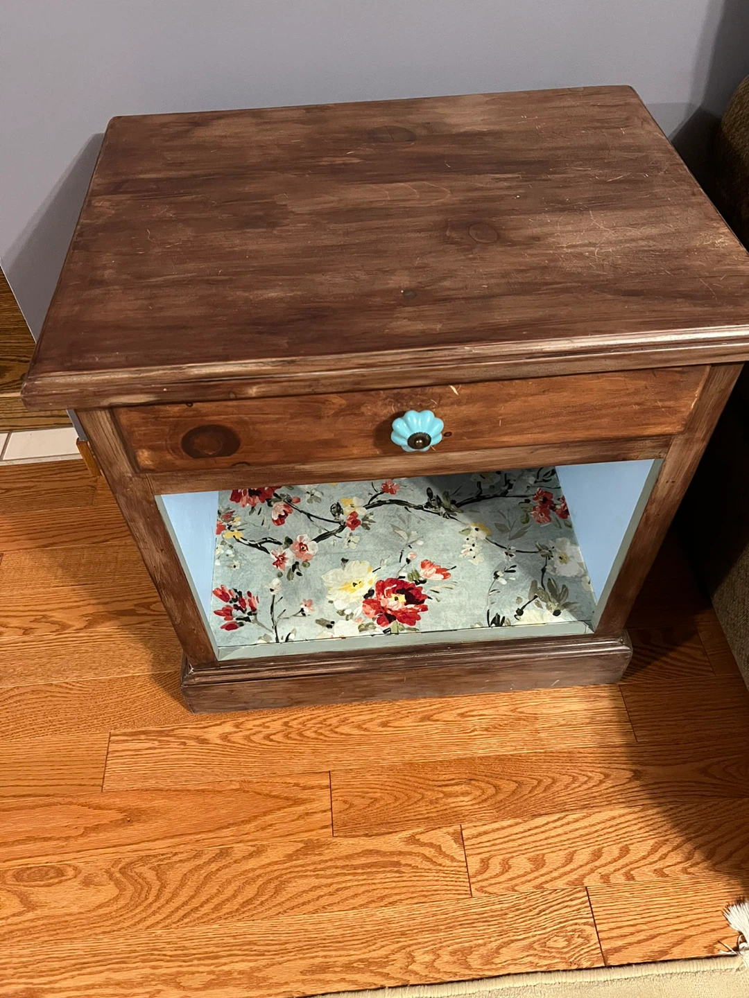 Wooden End Table with Blue Floral Accent - photo 2