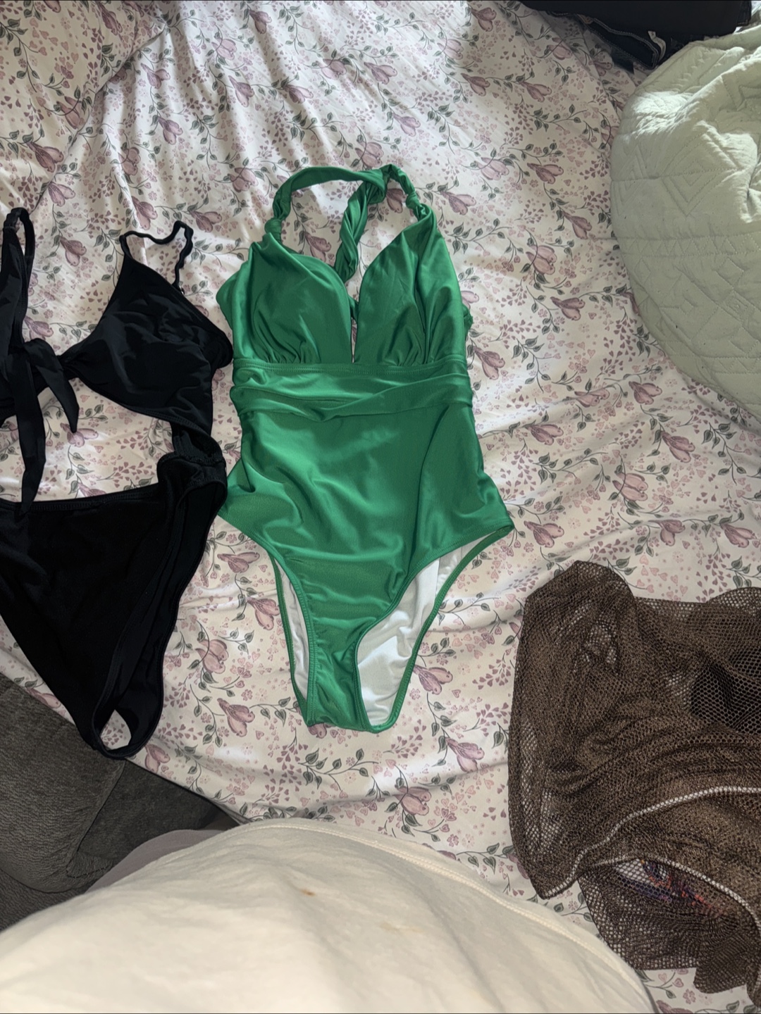 Green One-Piece Swimsuit with Black Bikini Bottoms