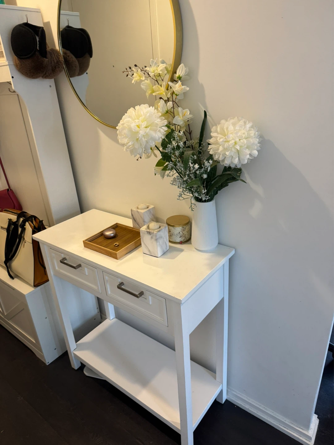 White Console Table with Drawers and Shelf
