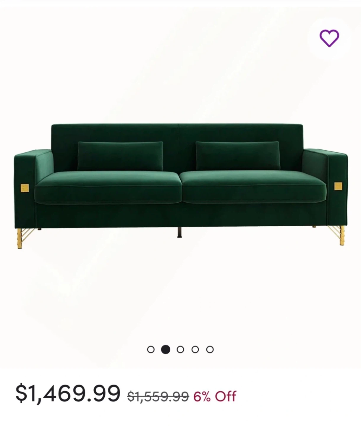 Emerald Green Velvet Sofa with Gold Legs - photo 3