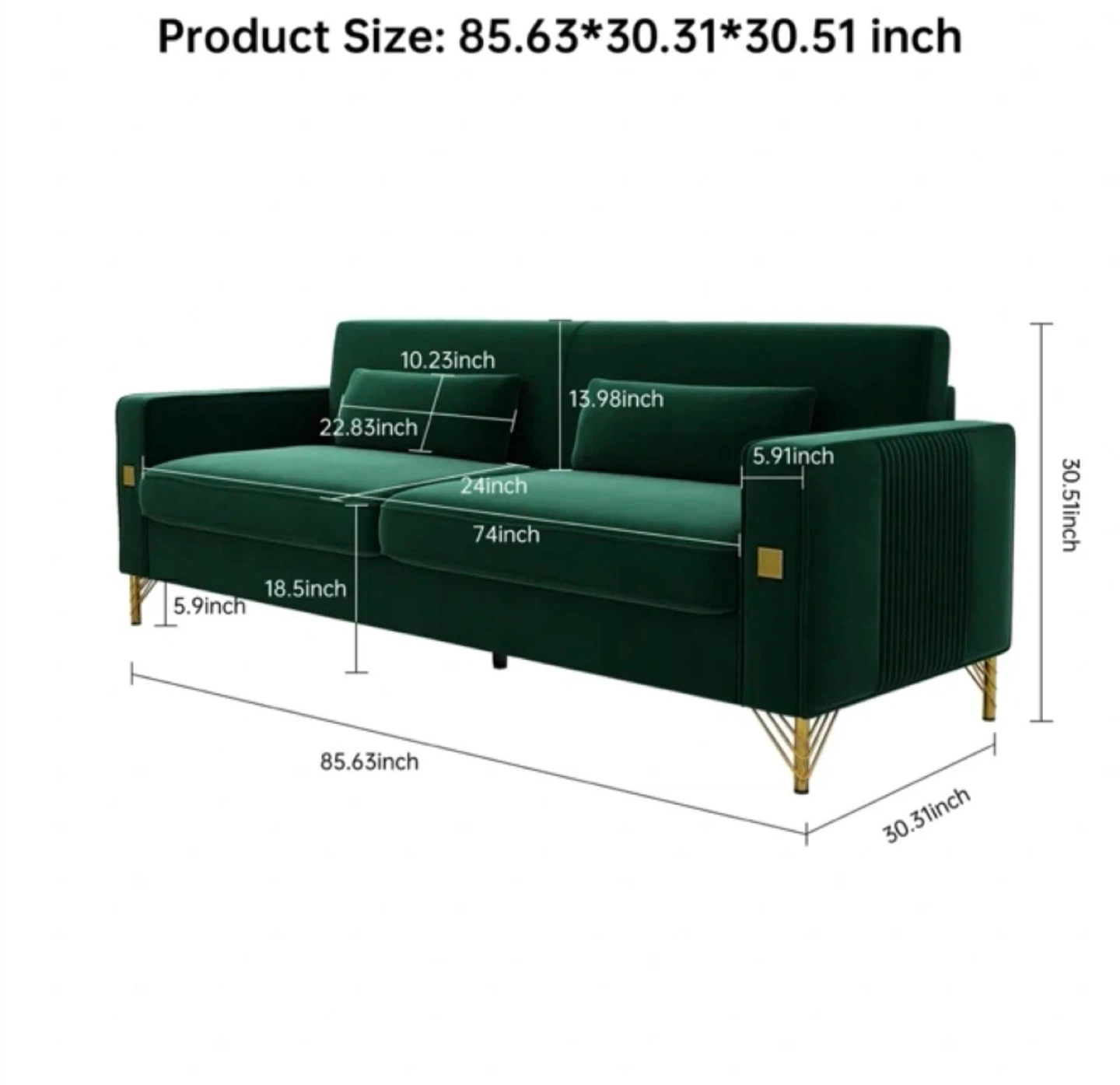Emerald Green Velvet Sofa with Gold Legs