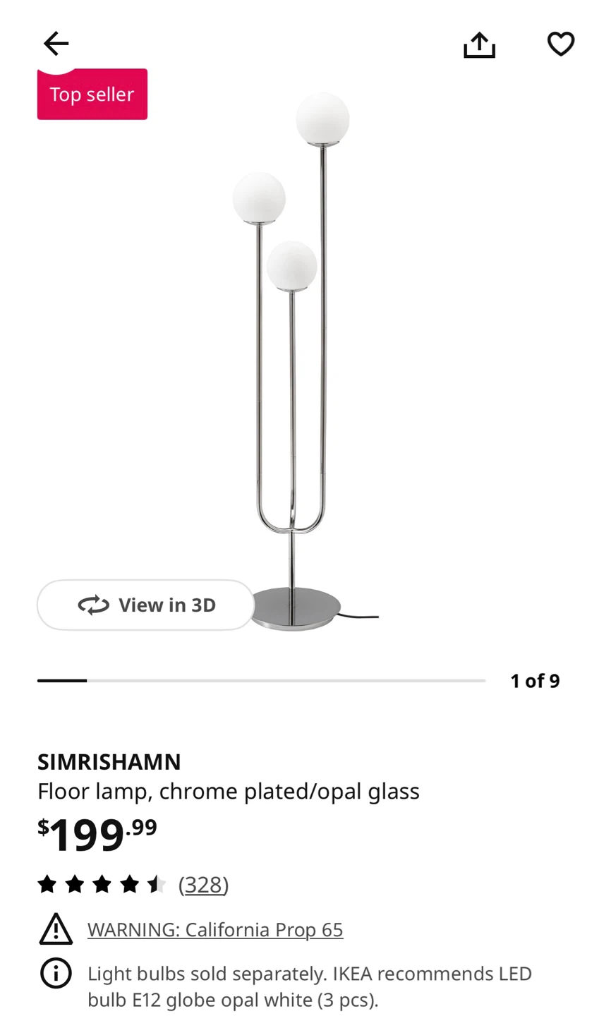 IKEA SIMRISHAMN Floor Lamp, Chrome Plated/Opal Glass
