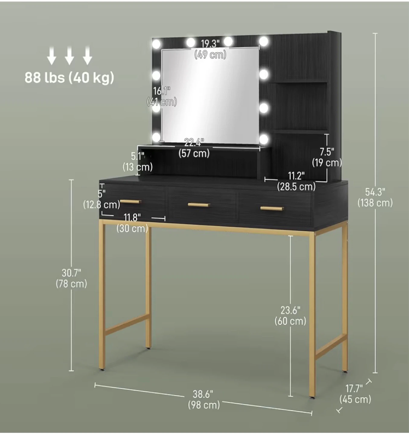 Black Vanity Desk with Lighted Mirror and 3 Drawers - photo 3