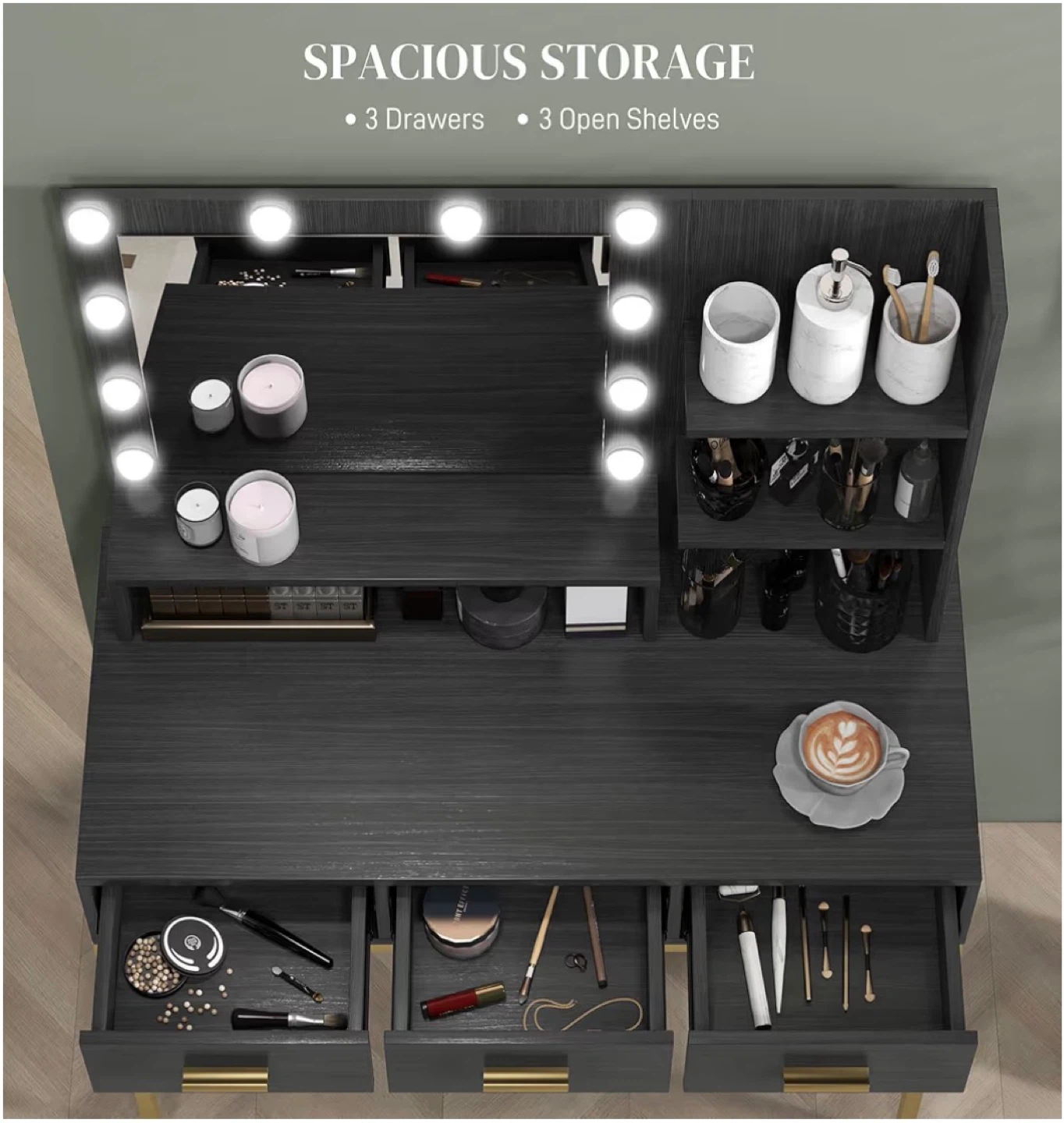 Black Vanity Desk with Lighted Mirror and 3 Drawers - photo 4