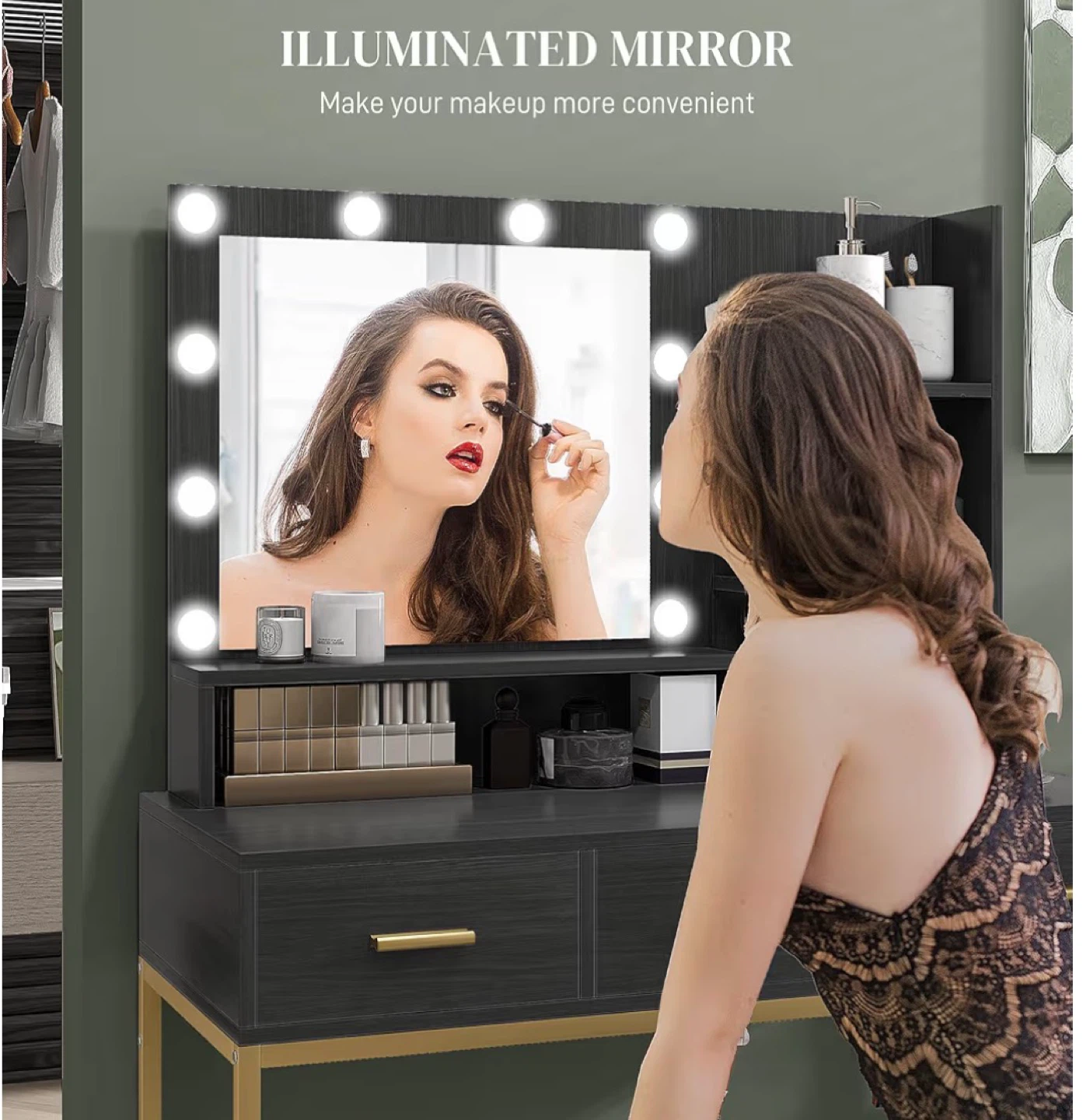 Black Vanity Desk with Lighted Mirror and 3 Drawers - photo 5