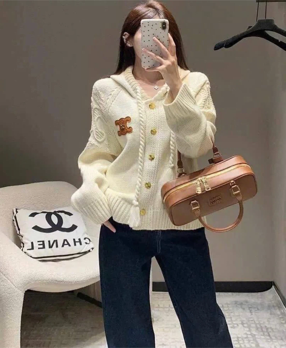 Cream Cable Knit Hoodie Cardigan with Gold Buttons