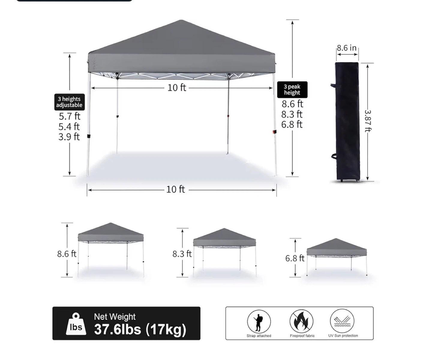 10x10 ft Grey Canopy Tent with Carrying Bag - photo 3
