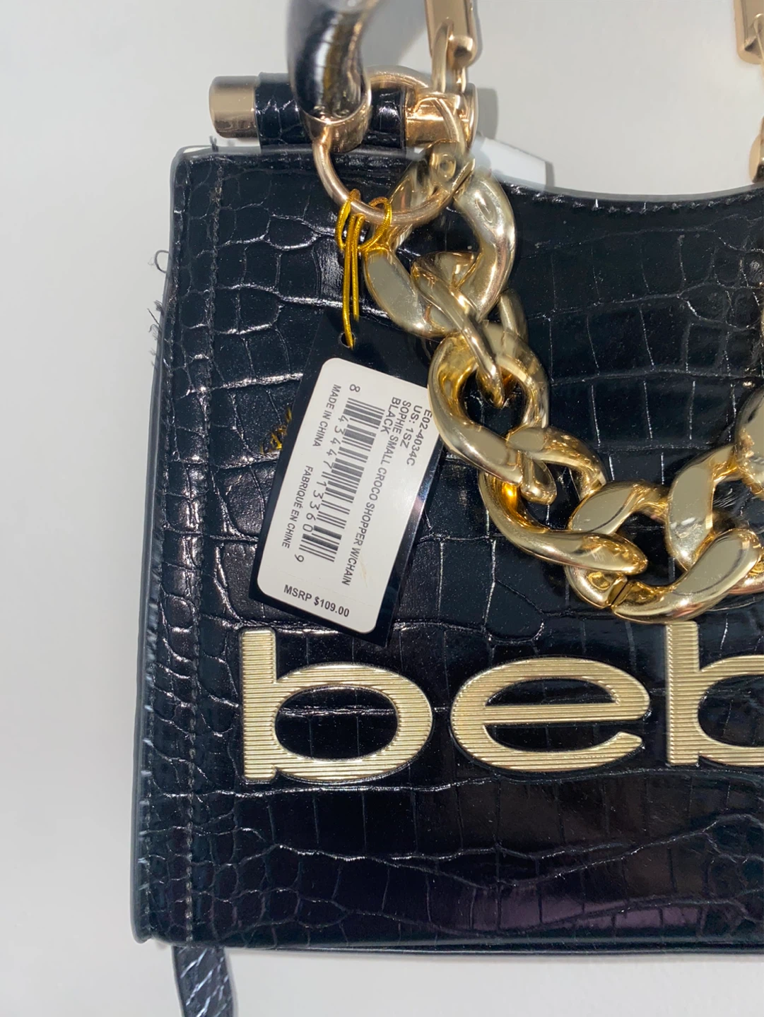 Bebe "Sophia" Croc Embossed Chain Shoulder Bag - Black