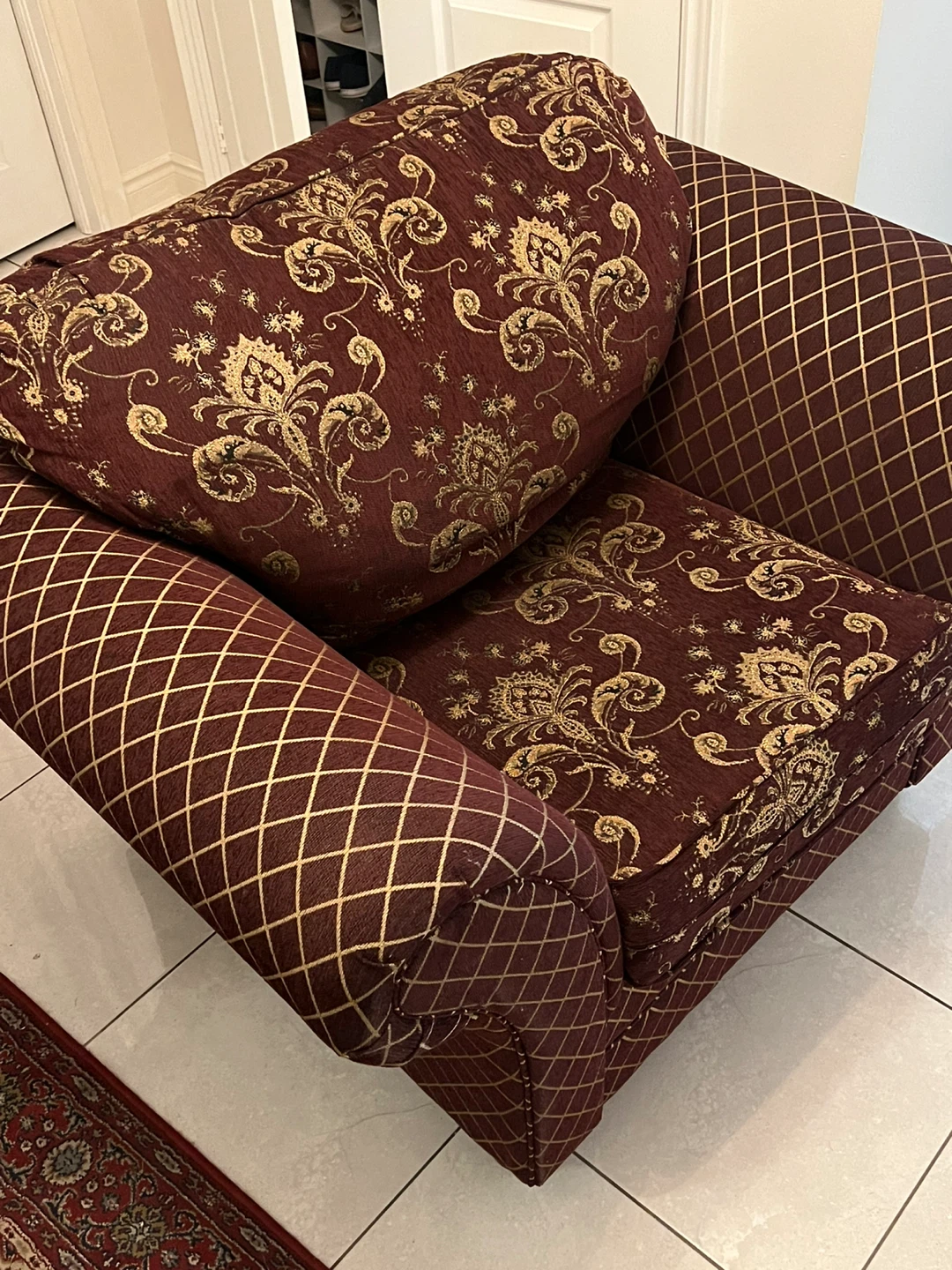 Loveseat Couch - Burgundy and Gold Floral Pattern