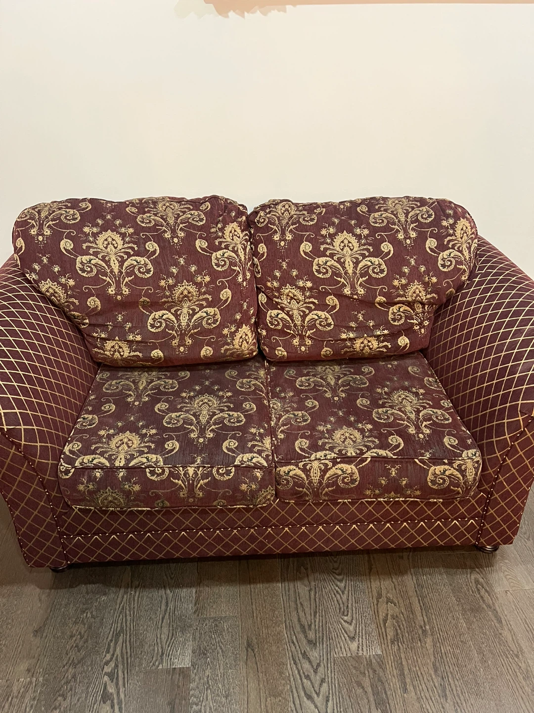 Loveseat Couch - Burgundy and Gold Floral Pattern - photo 3