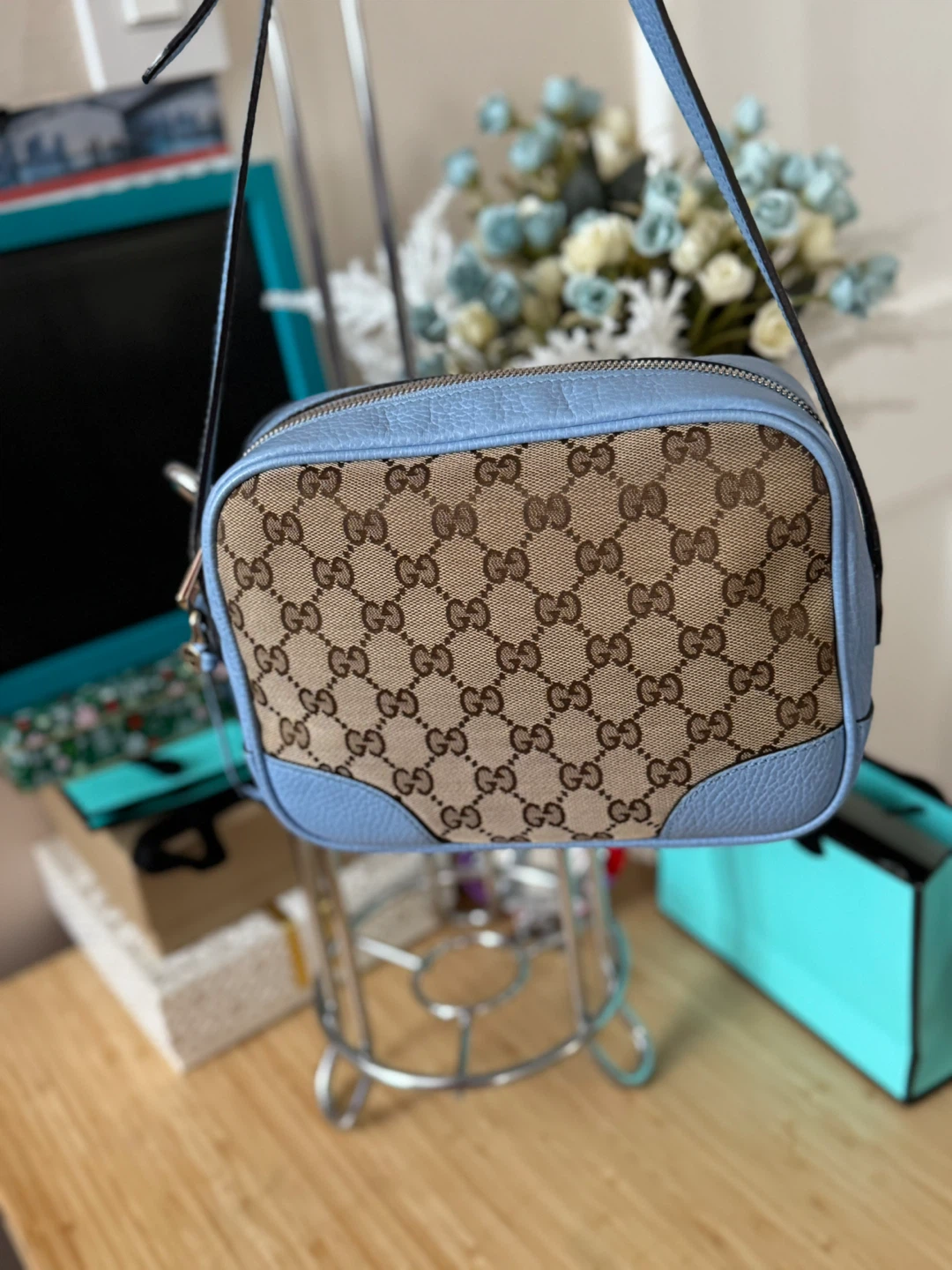 Gucci Monogram Canvas & Leather Crossbody Bag - Light Blue
