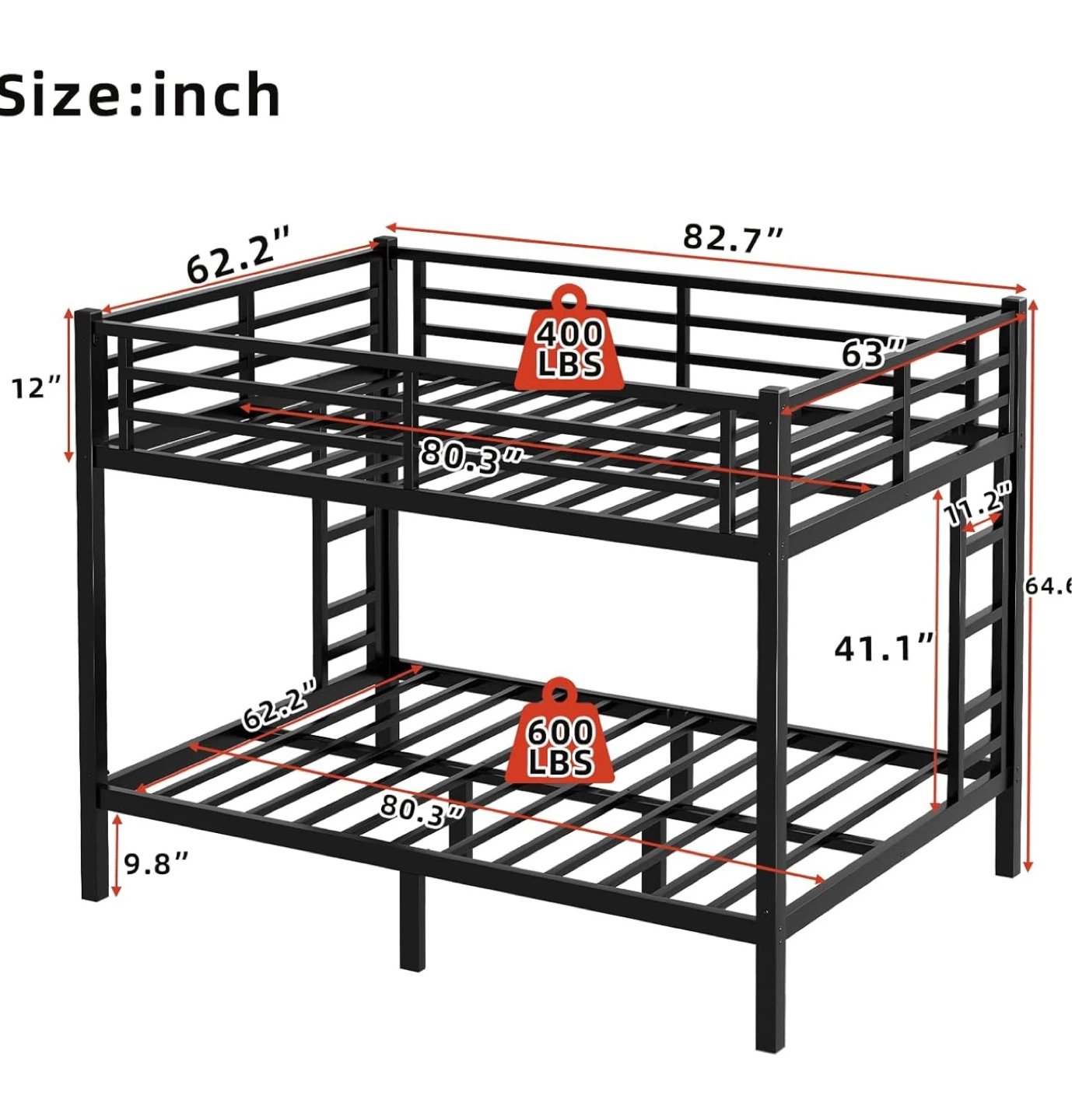 Black Metal Queen Over Queen Bunk Bed - photo 2