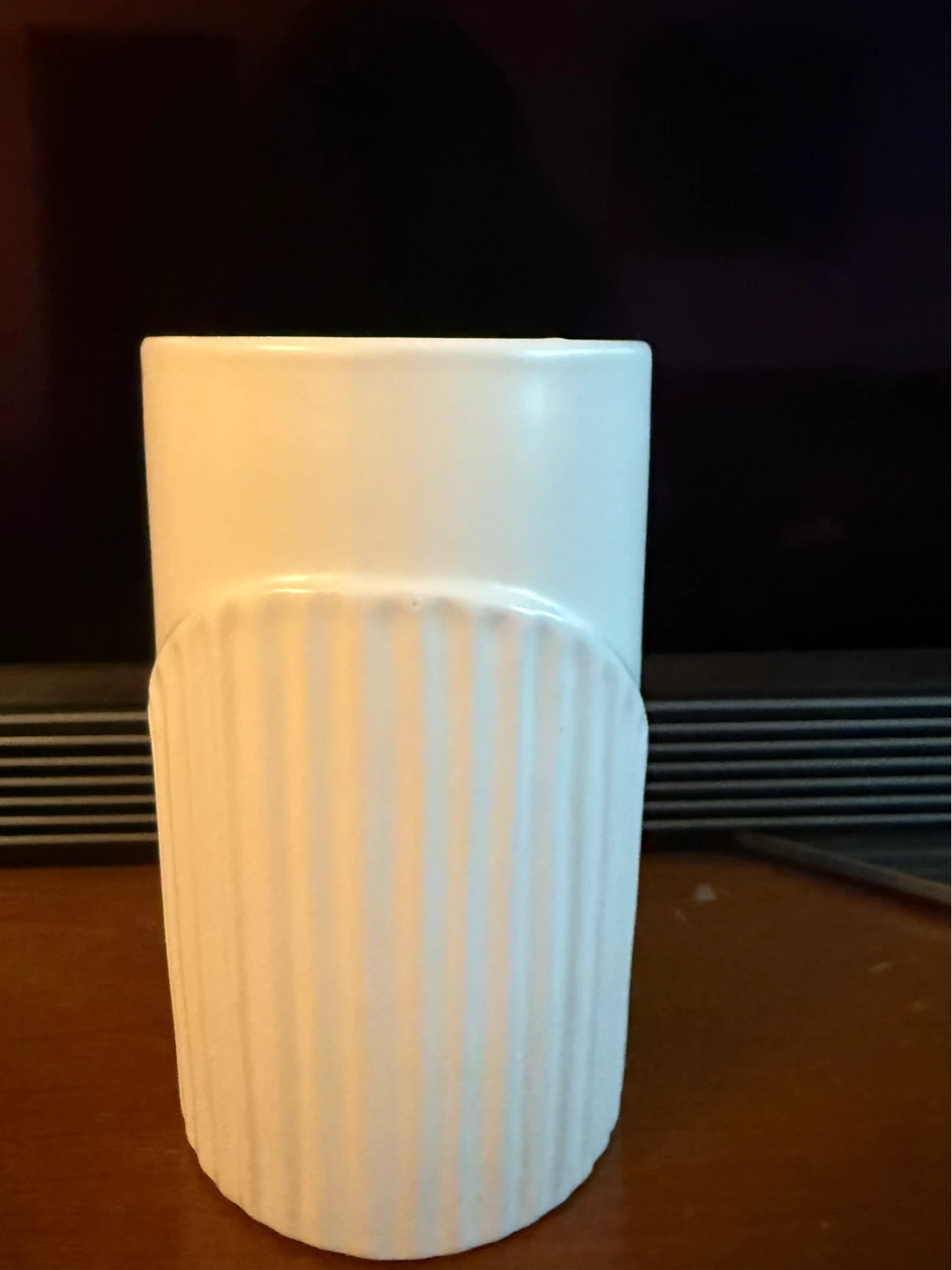 White ribbed ceramic vase 6” tall