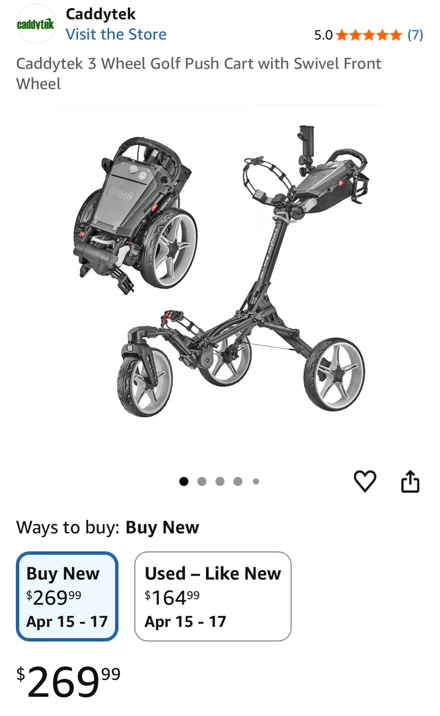 CaddyTek 3 Wheel Golf Push Cart with Swivel Front Wheel