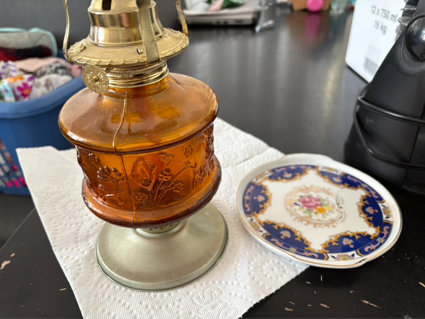 Amber Glass Oil Lamp with Embossed Floral Design