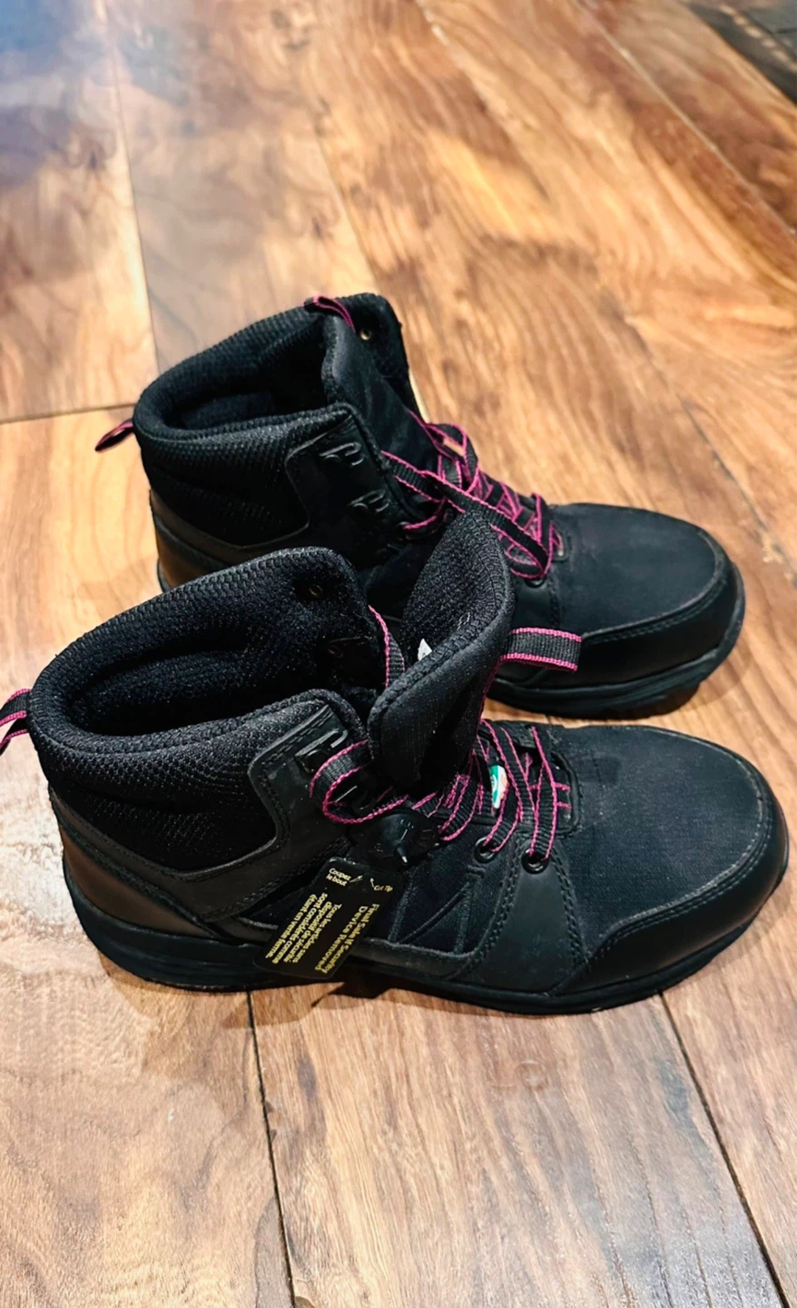 Black Composite Toe Work Boots with Pink Laces