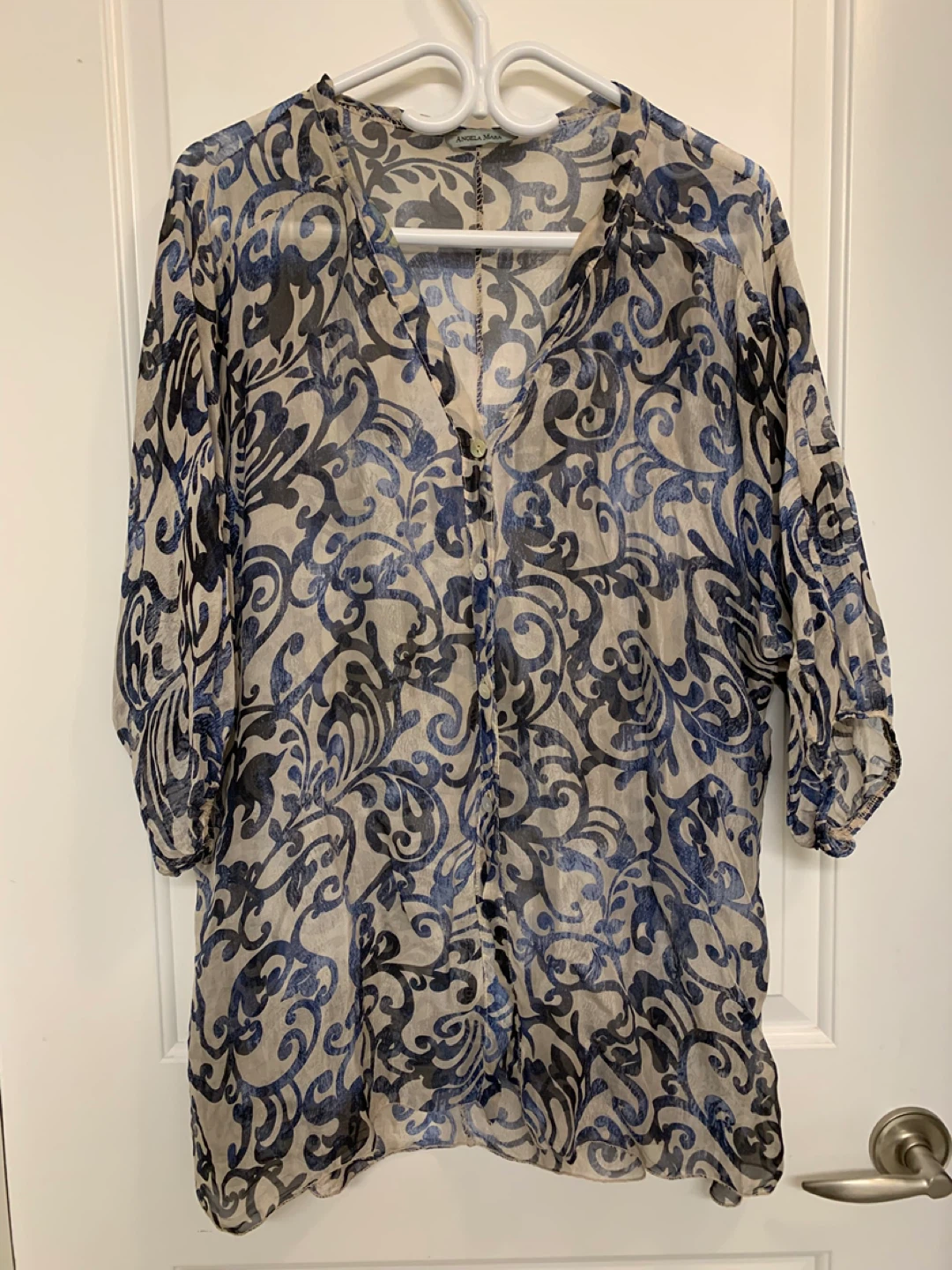 Angela Mara Sheer Floral Print Tunic Blouse Size L