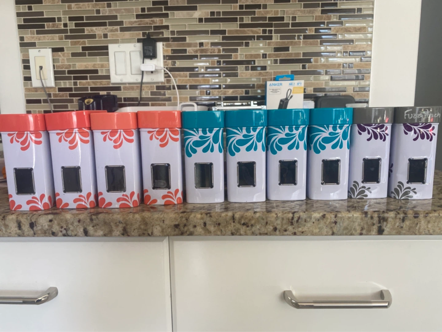 Set of 6 Canisters with Window - Orange & Teal Lids