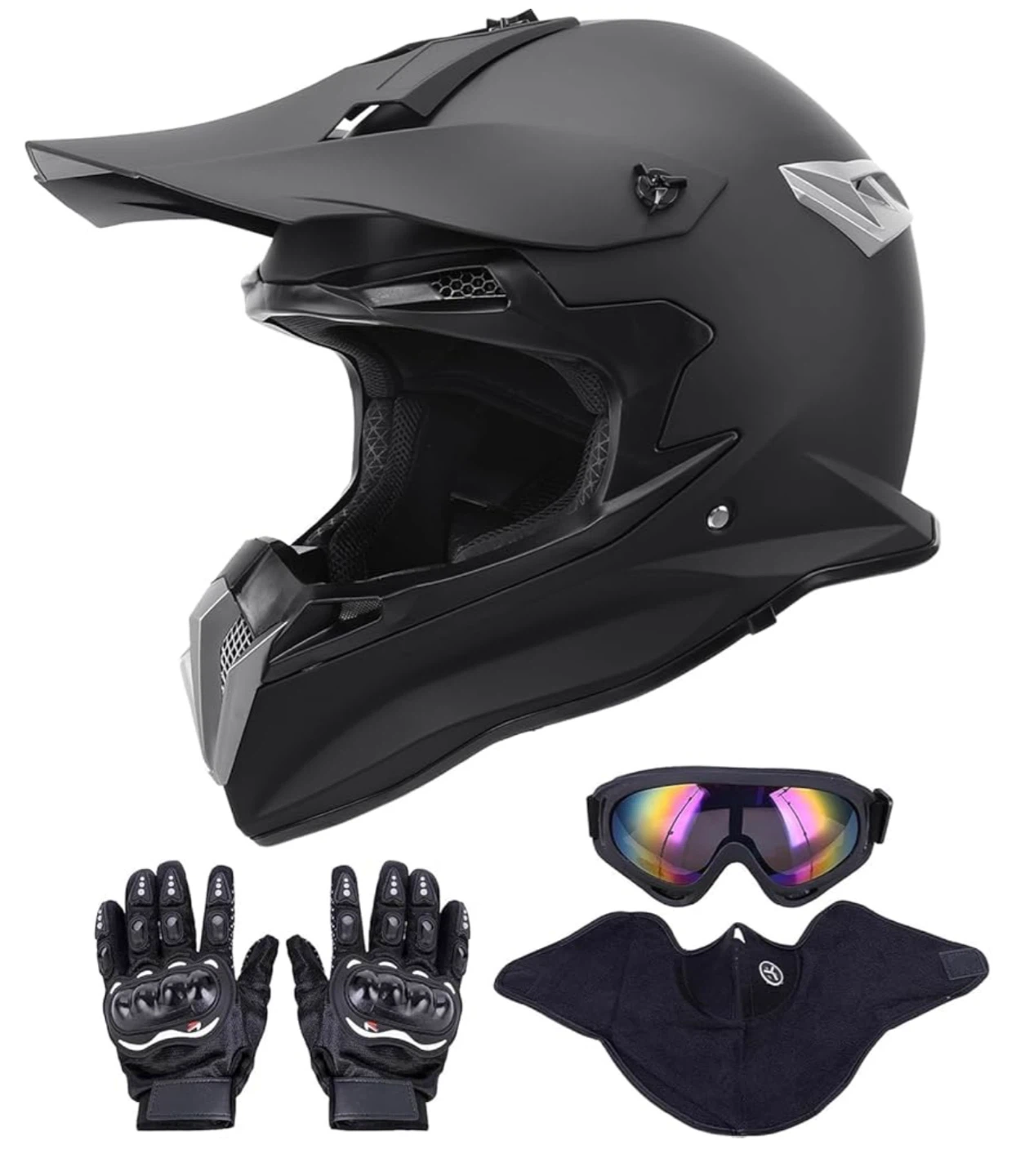 Black Motorcycle Helmet Set with Gloves and Goggles