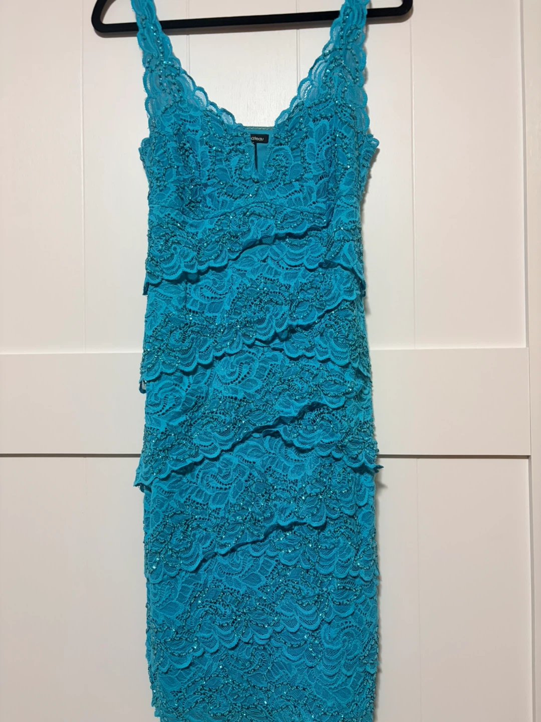 Le Chateau Blue Lace Tiered Beaded Dress Size S