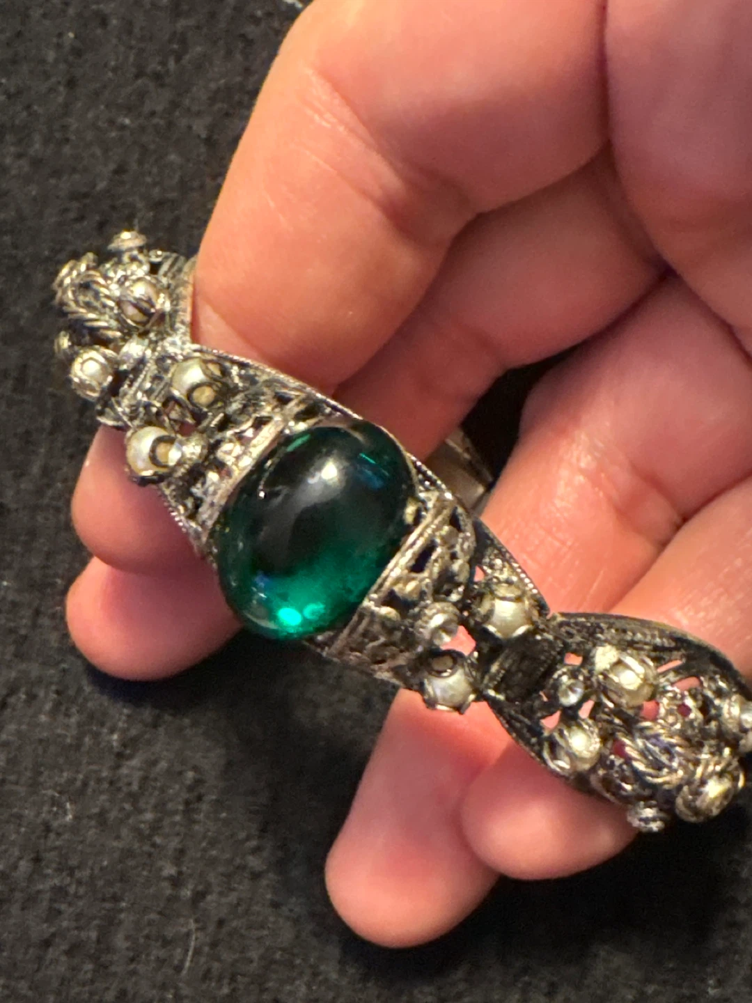 Vintage Silver Tone Bracelet with Green Stone and Pearls