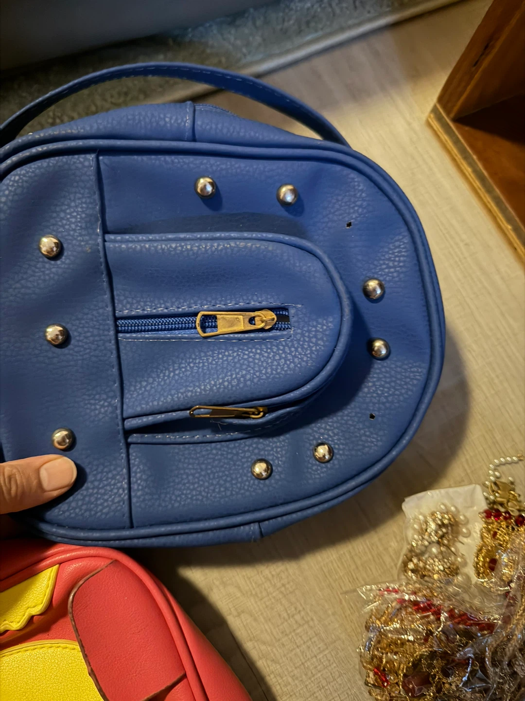 Blue Faux Leather Handbag, baby carrier, glass bowl - photo 3