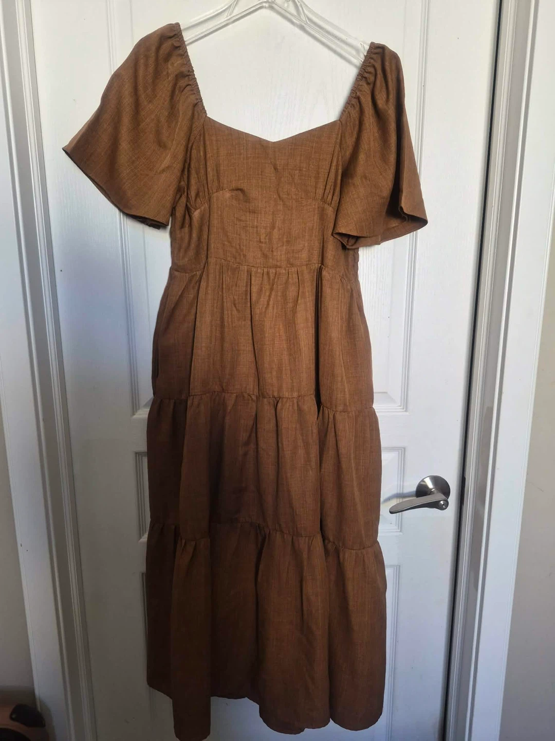 Brown Tiered Midi Dress with Smocked Bodice