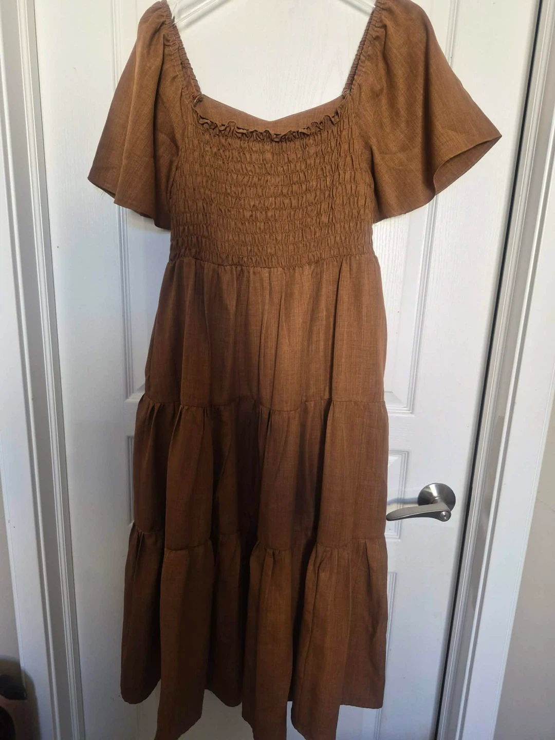 Brown Tiered Midi Dress with Smocked Bodice - photo 2