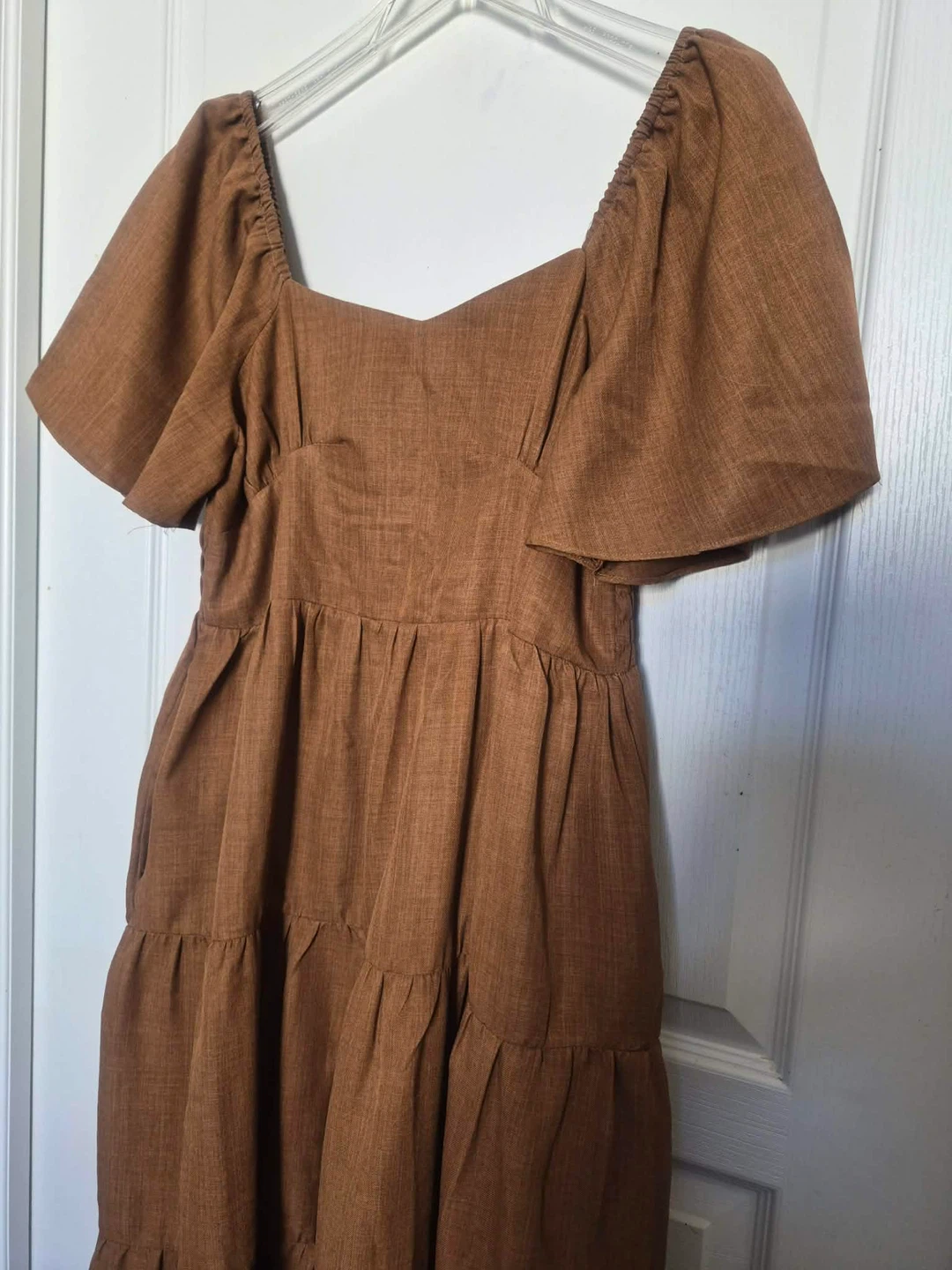 Brown Tiered Midi Dress with Smocked Bodice - photo 3
