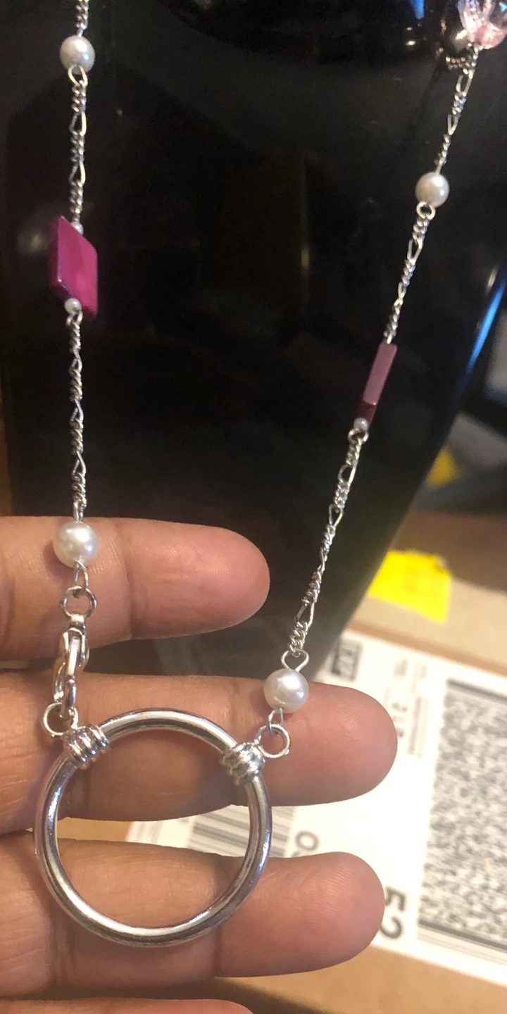 Silver-tone necklace with pink shell and pearl accents